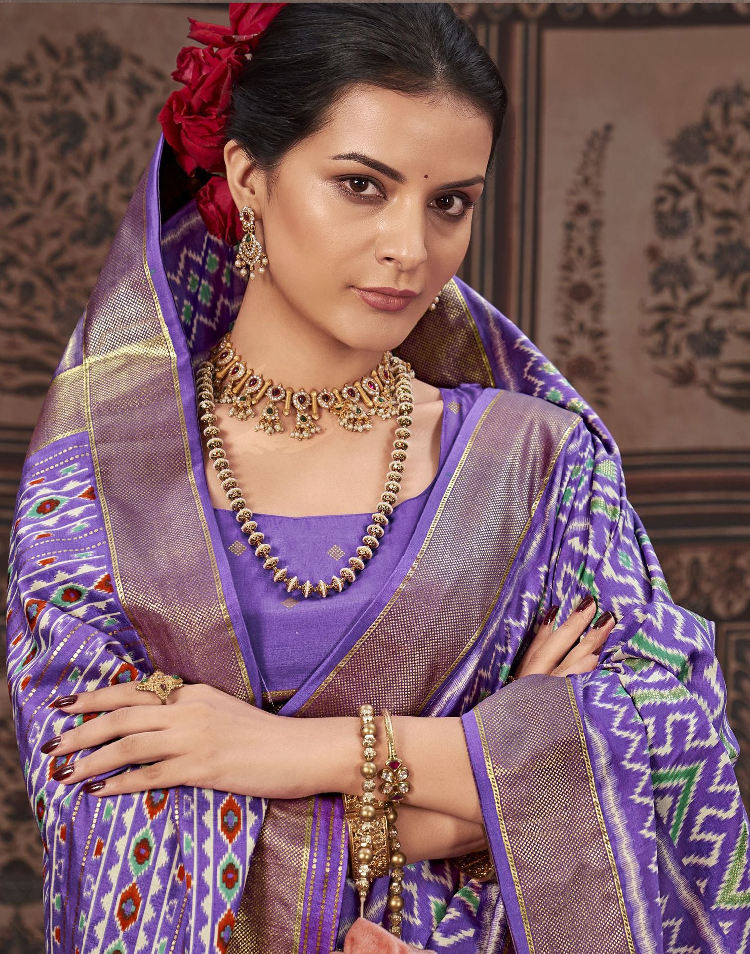 Lavender &amp; Multicoloured Printed Silk Saree