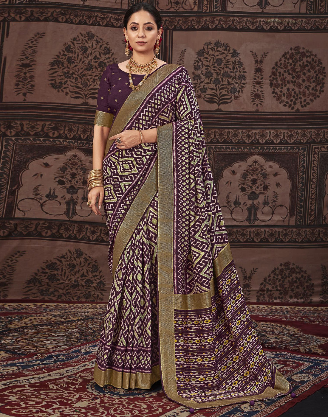 Wine Printed Silk Saree