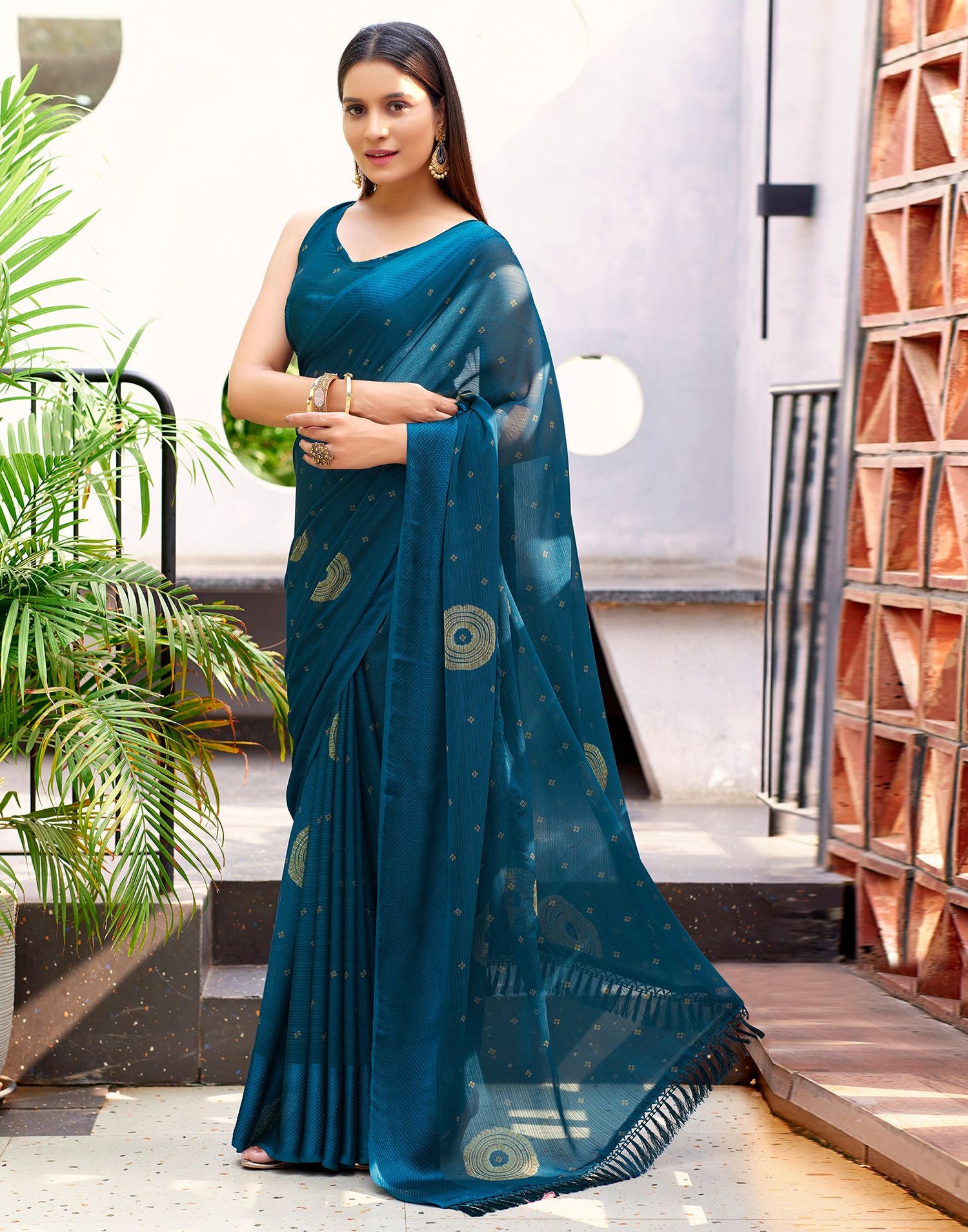 Teal Blue Printed Chiffon Saree