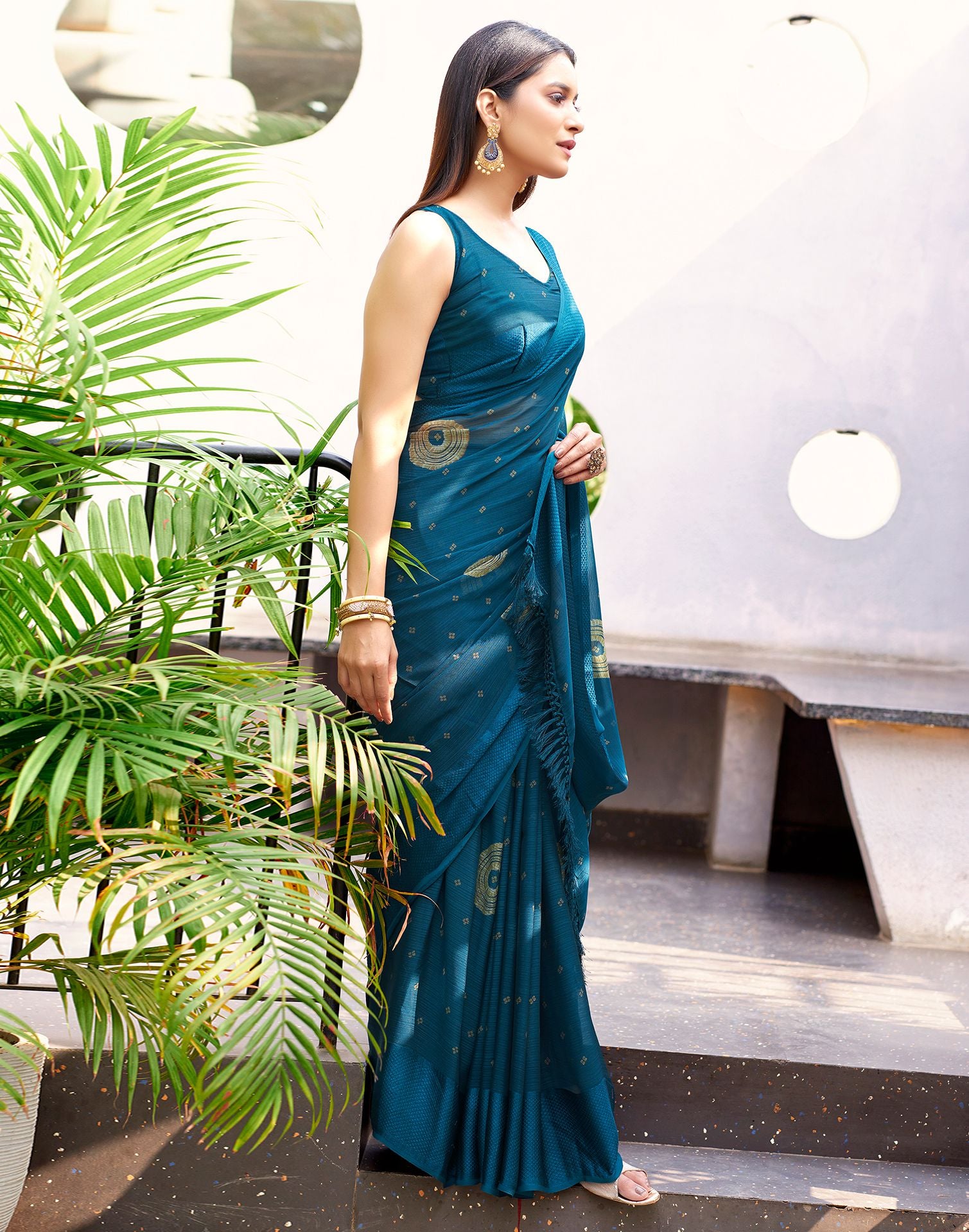 Teal Blue Printed Chiffon Saree