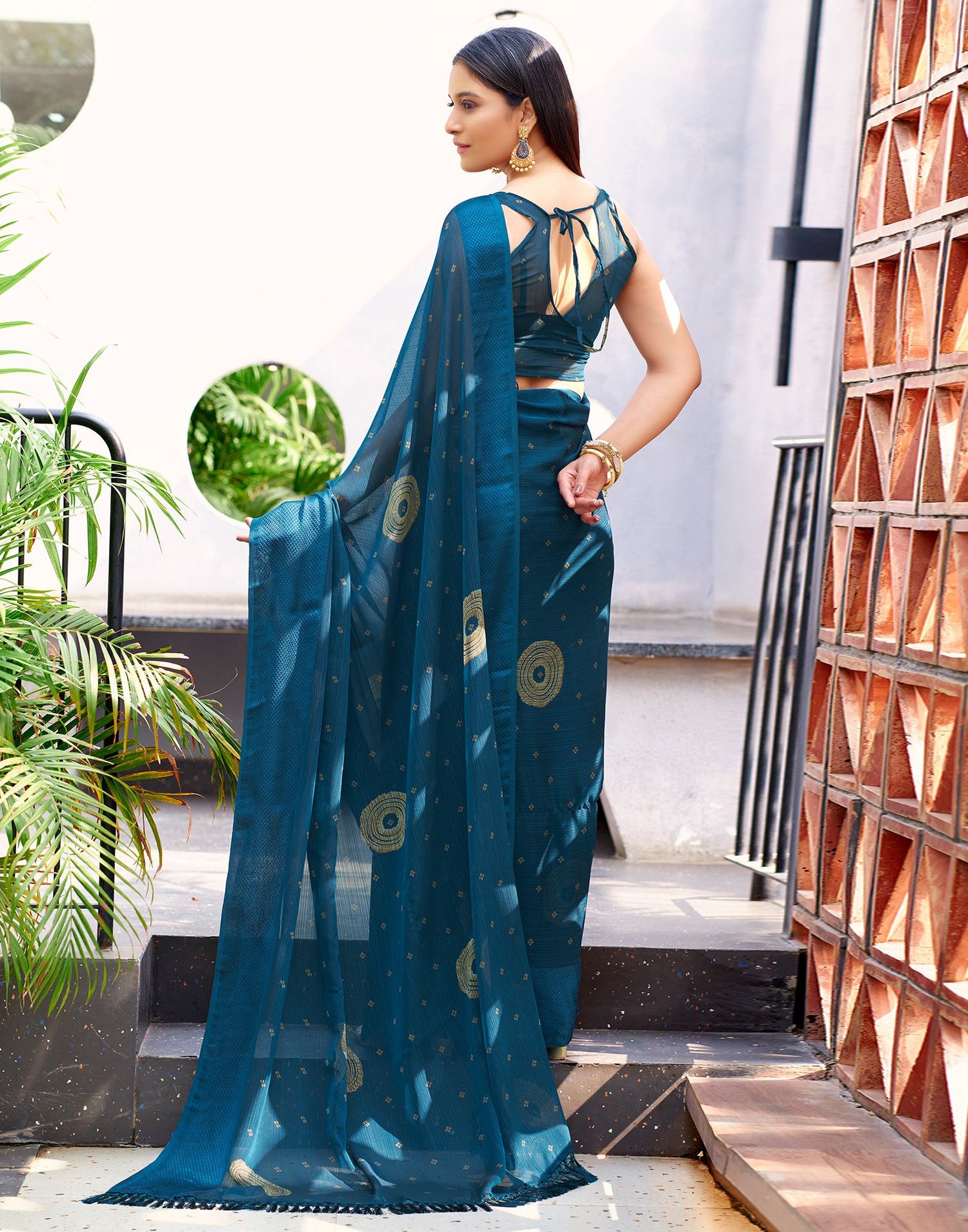 Teal Blue Printed Chiffon Saree