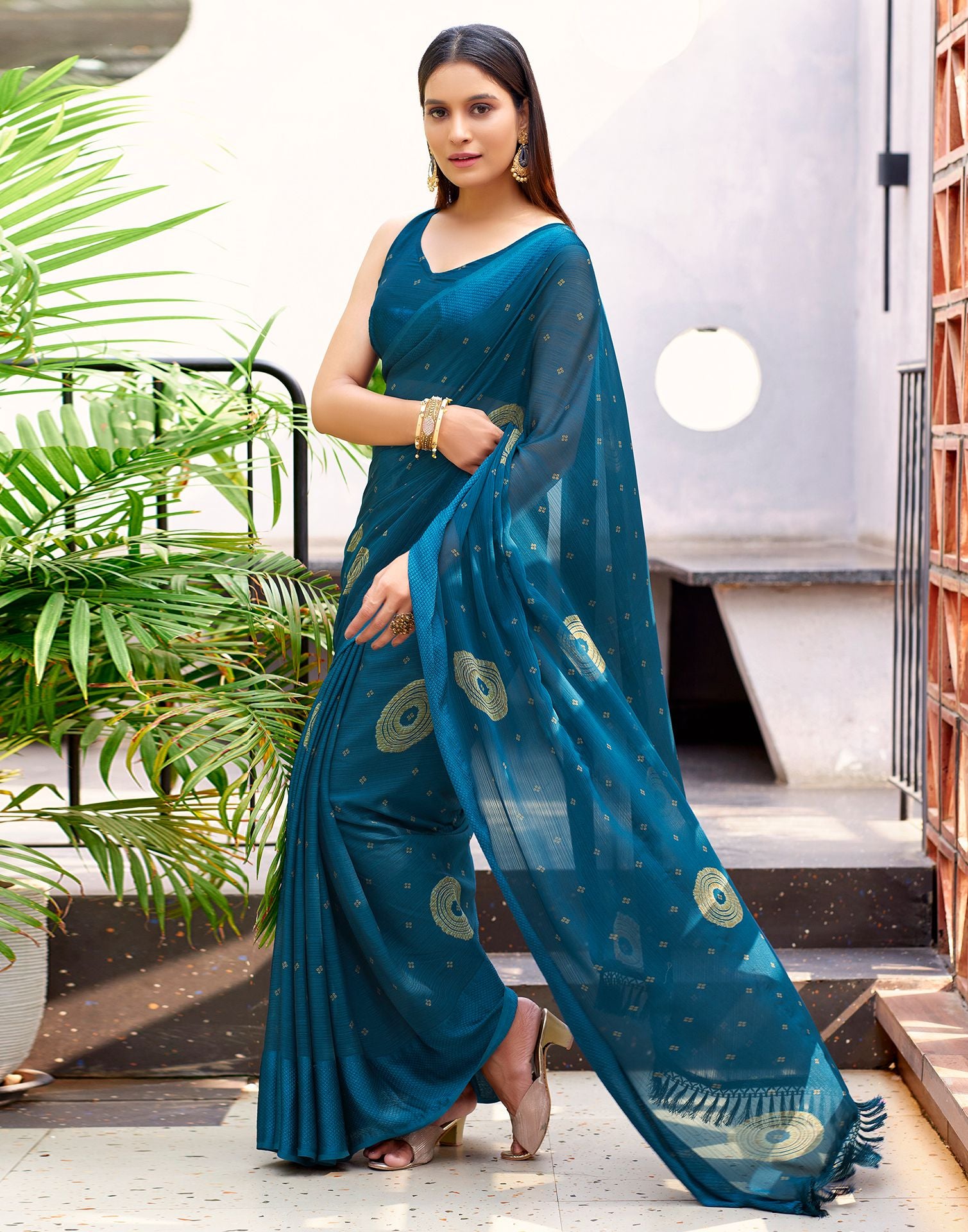 Teal Blue Printed Chiffon Saree