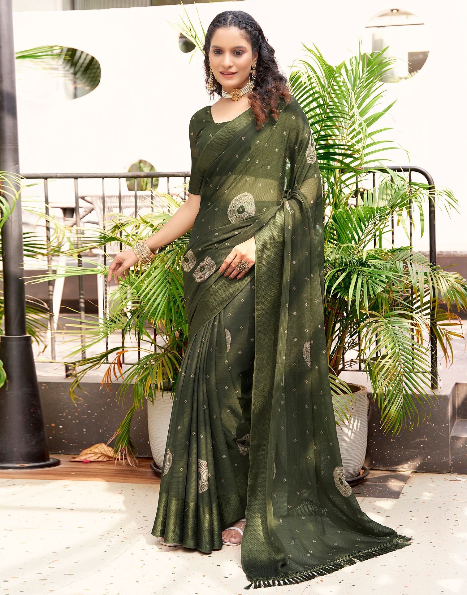 Dark Olive Green Printed Chiffon Saree