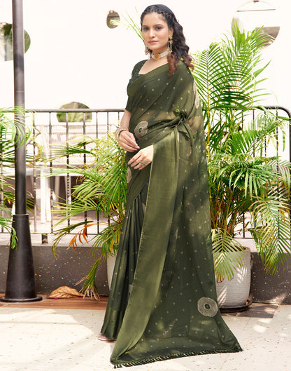 Dark Olive Green Printed Chiffon Saree