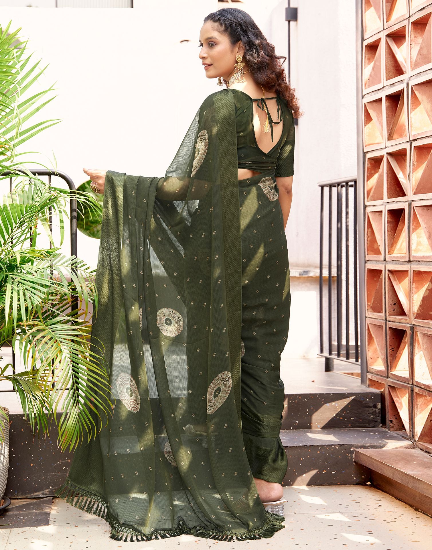 Dark Olive Green Printed Chiffon Saree