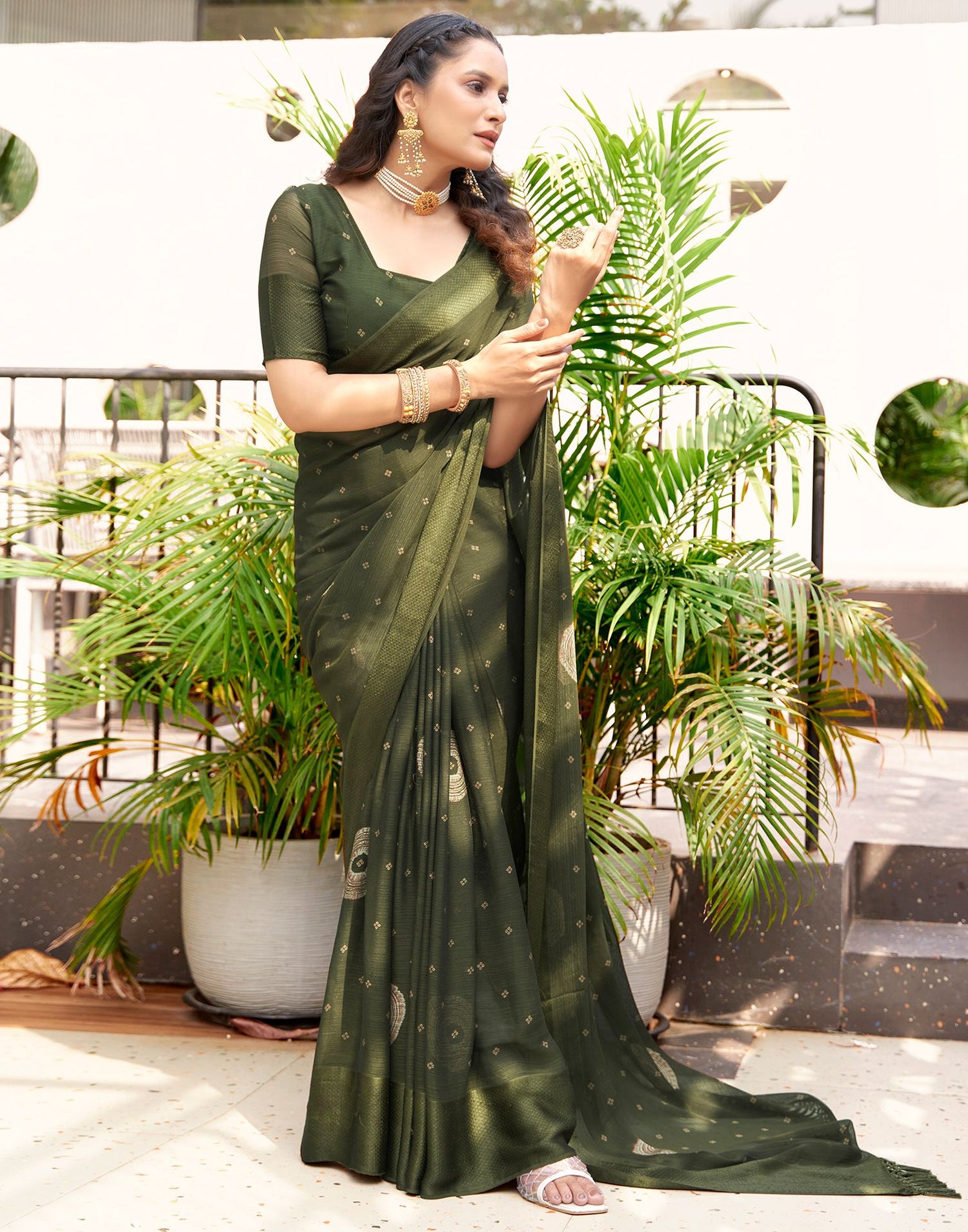 Dark Olive Green Printed Chiffon Saree