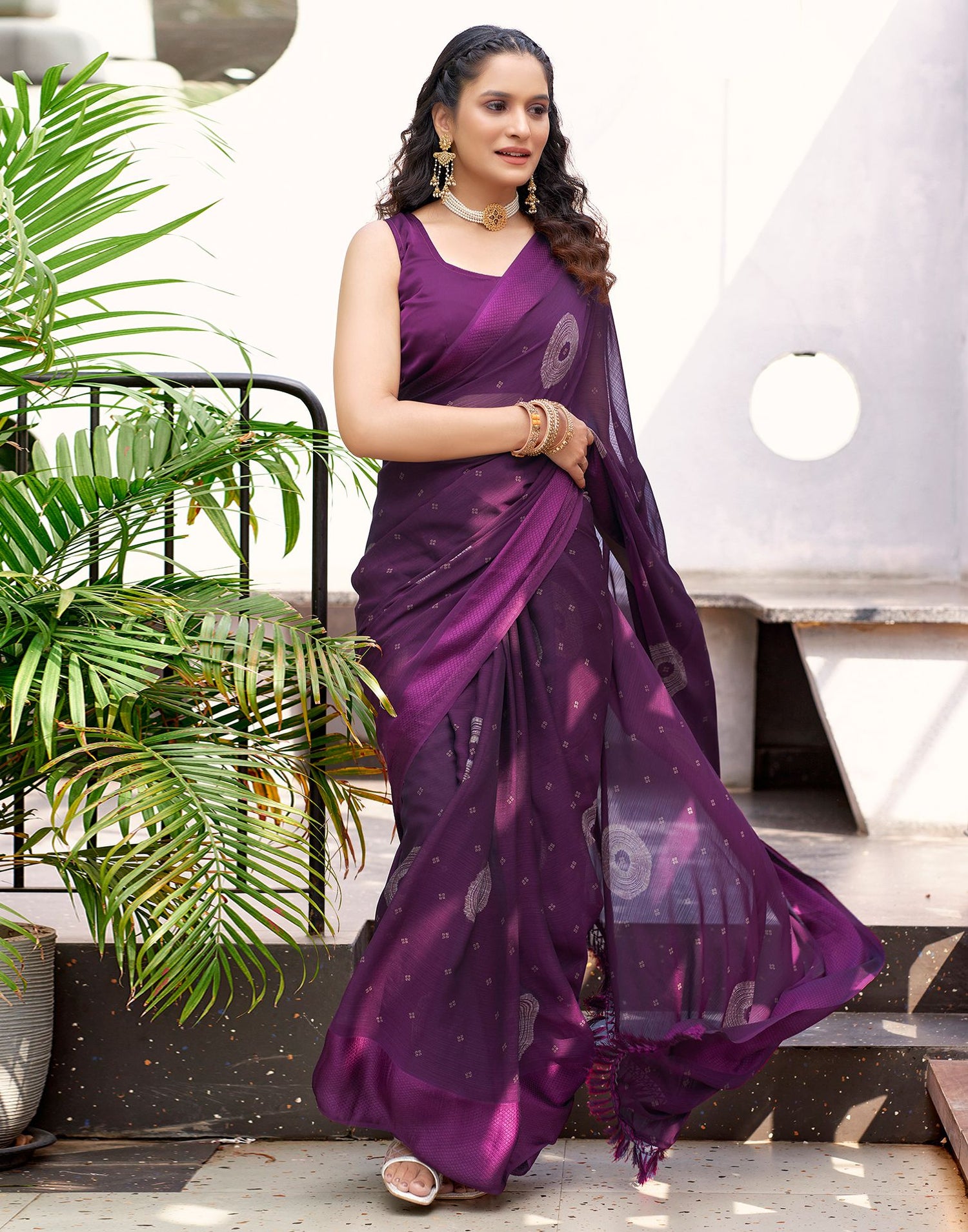 Purple  Printed Chiffon Saree