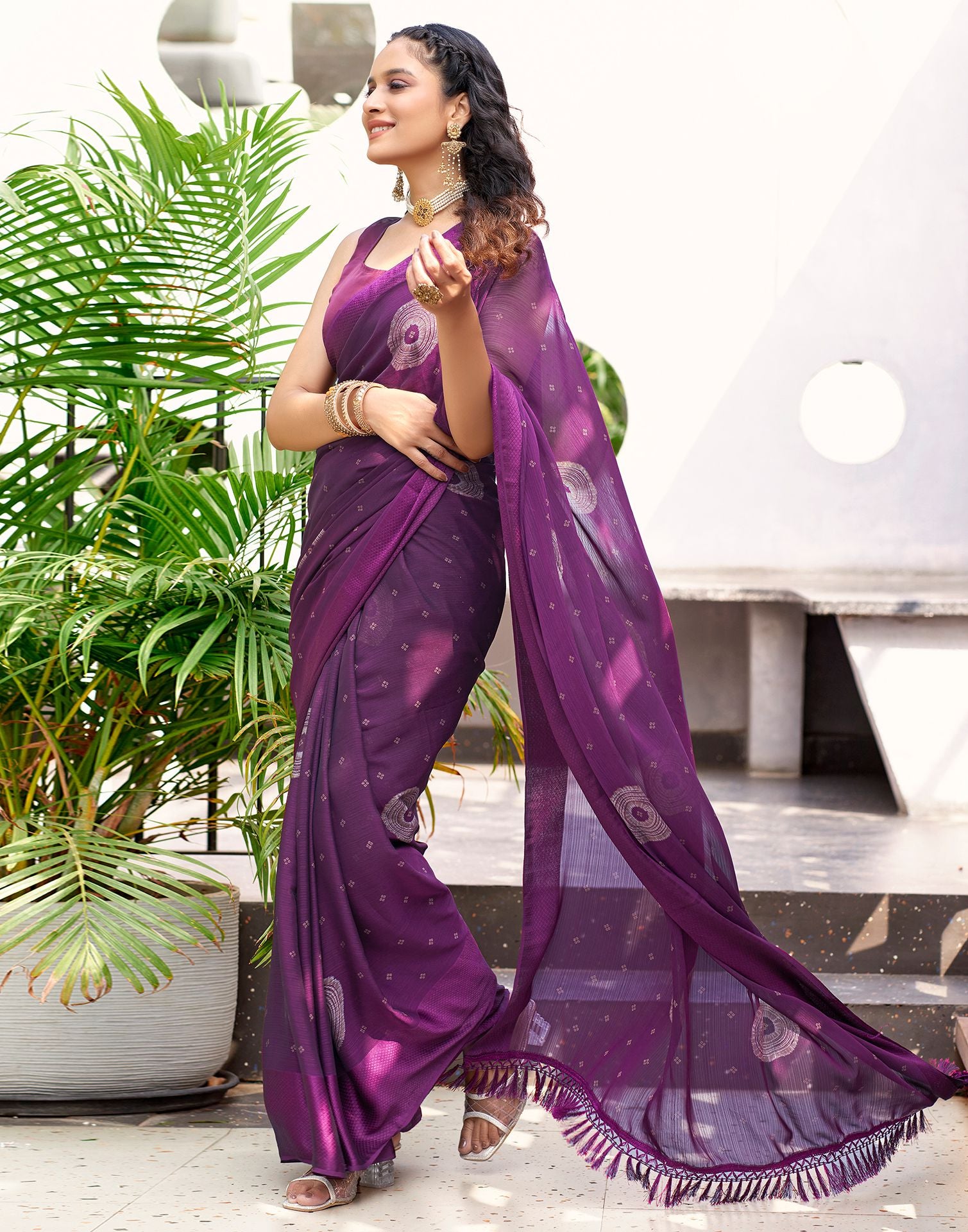 Purple  Printed Chiffon Saree