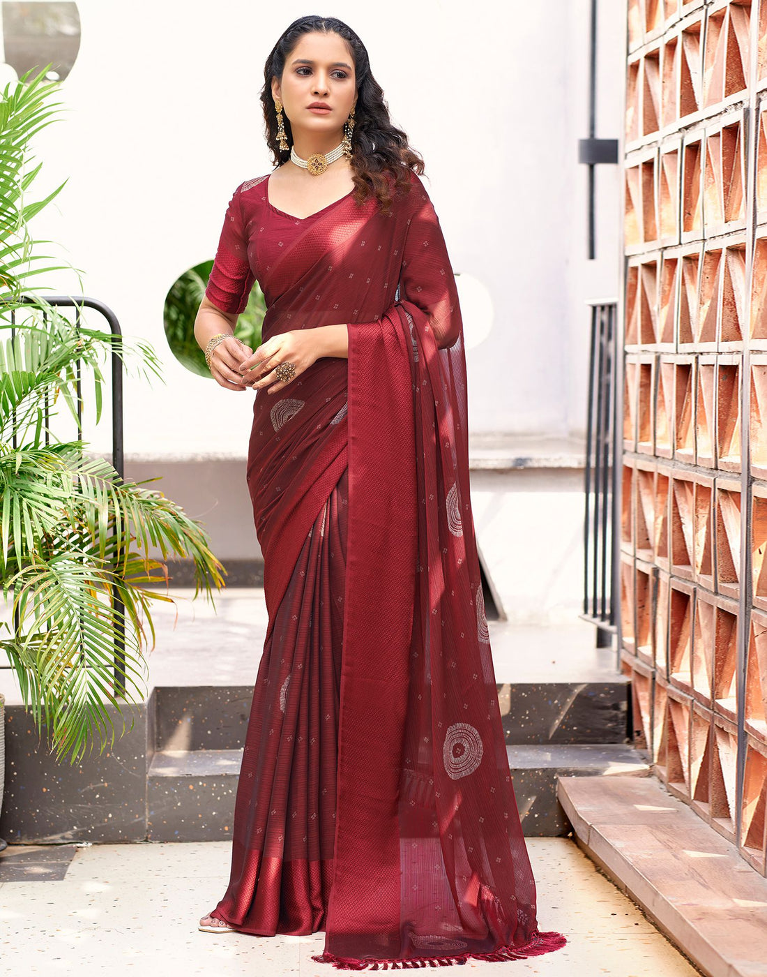 Maroon Printed Chiffon Saree