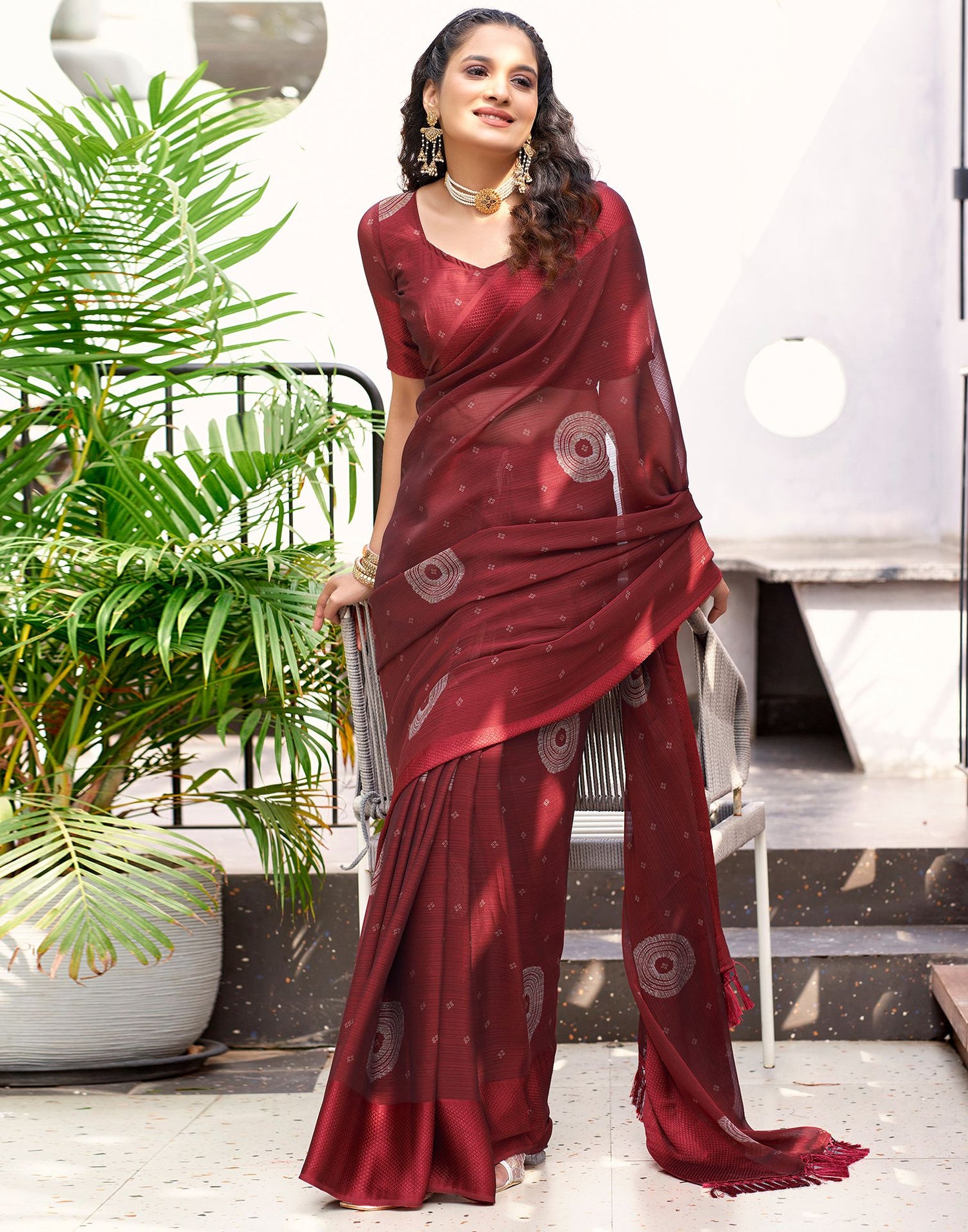 Maroon Printed Chiffon Saree