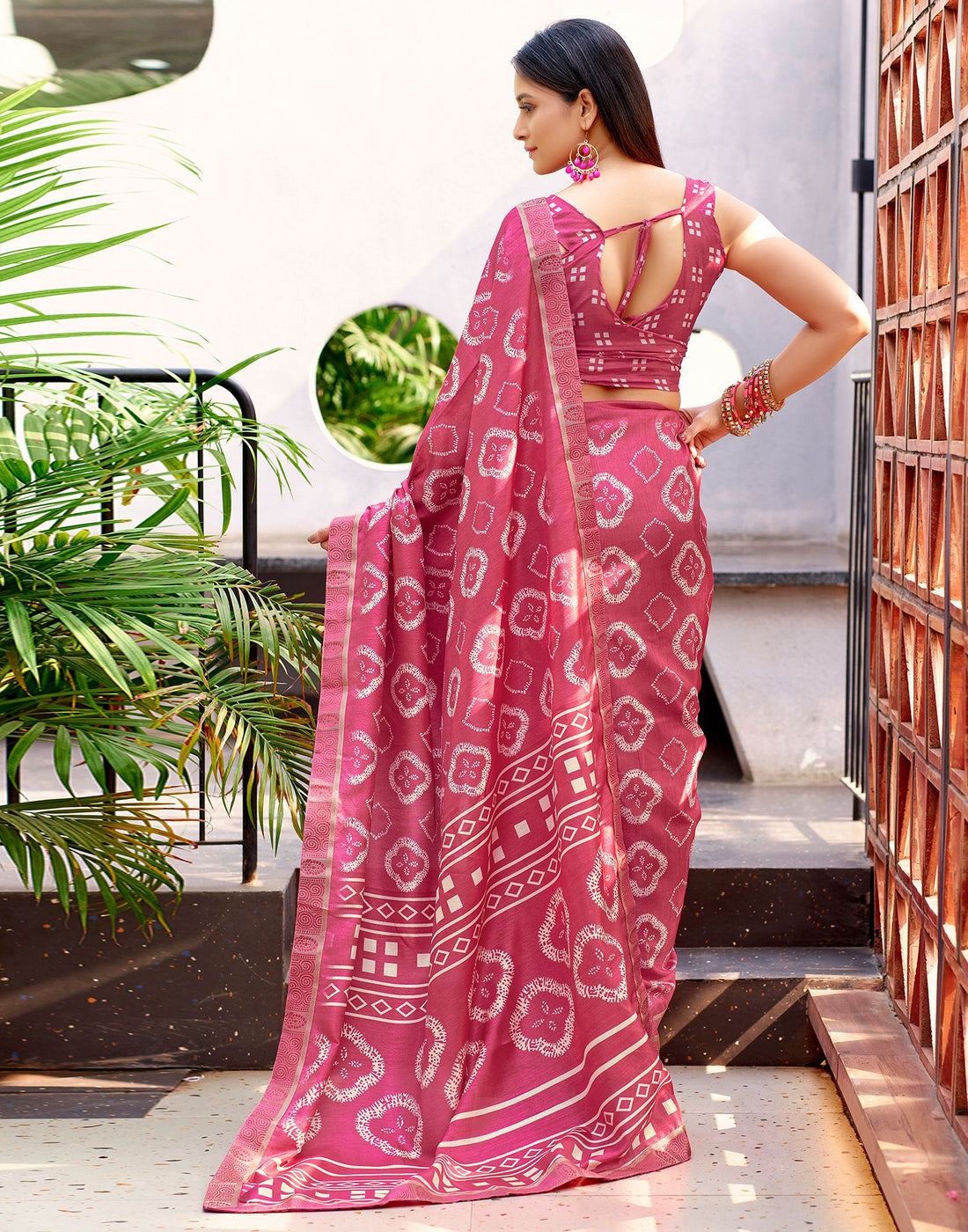 Rose Pink Printed Silk Saree