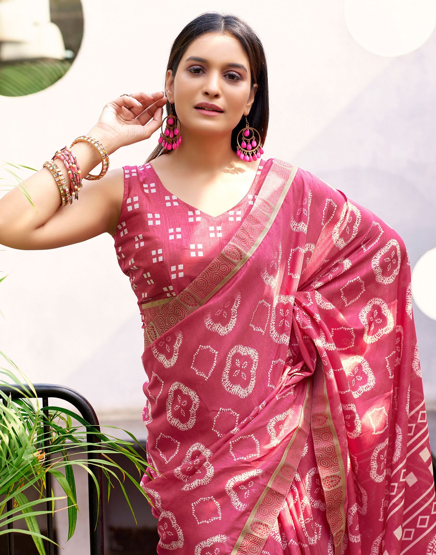 Rose Pink Printed Silk Saree