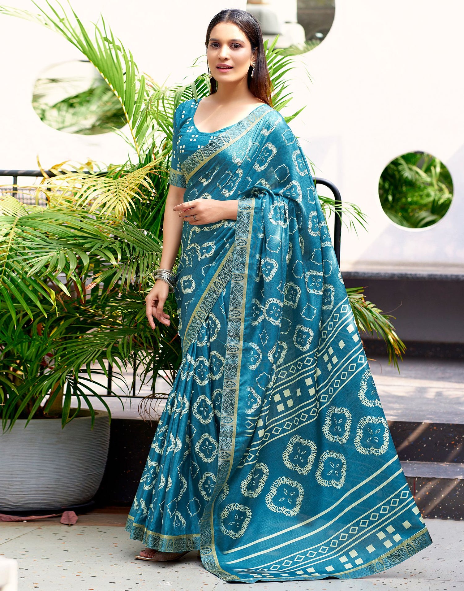 Peacock Blue Printed Silk Saree