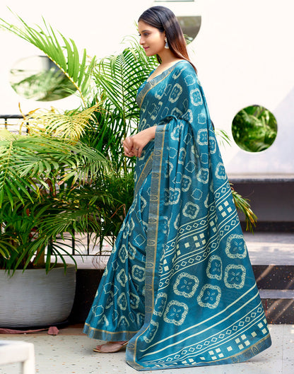 Peacock Blue Printed Silk Saree