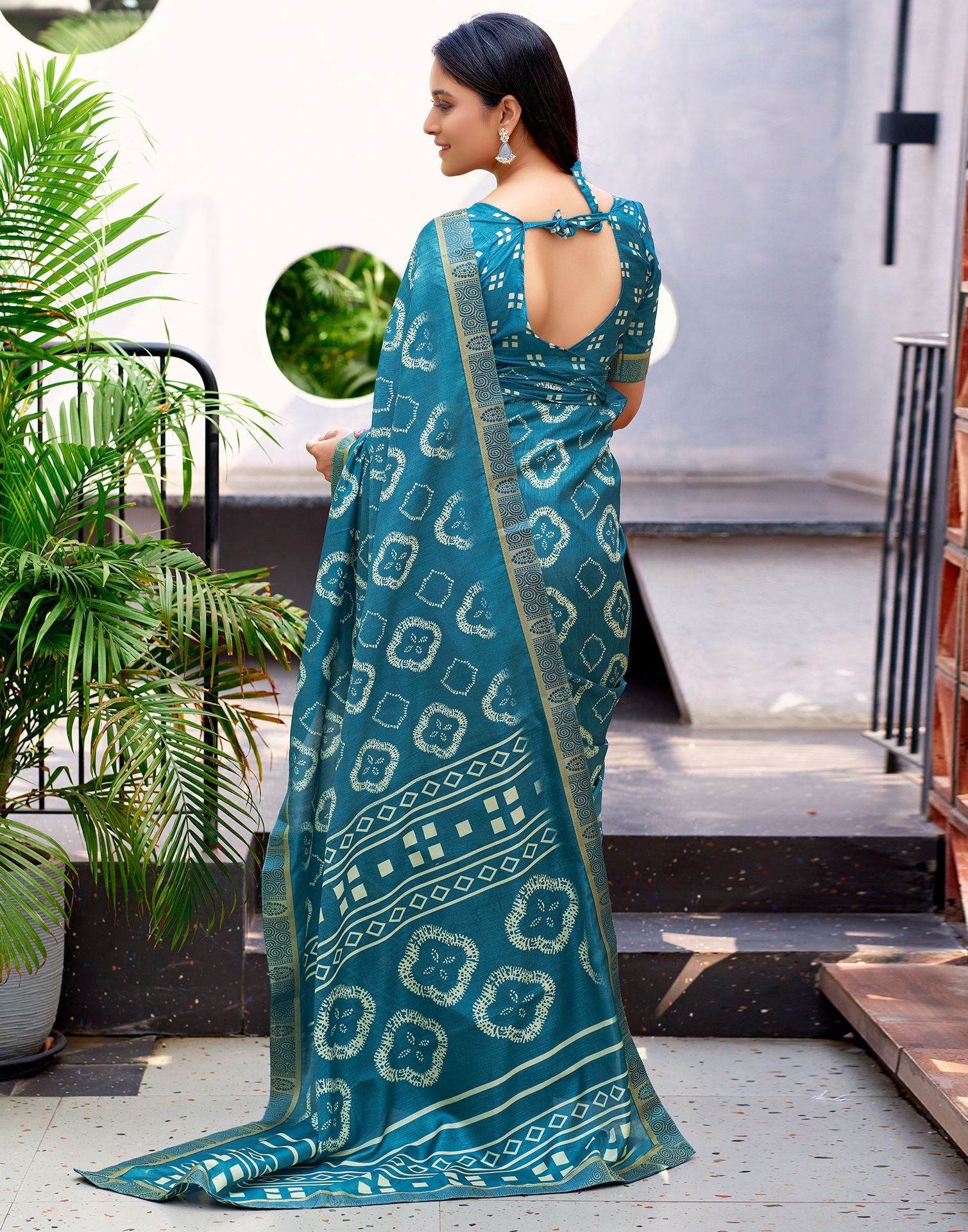 Peacock Blue Printed Silk Saree