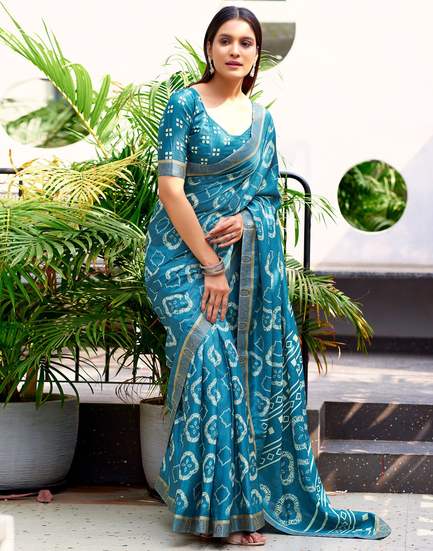 Peacock Blue Printed Silk Saree