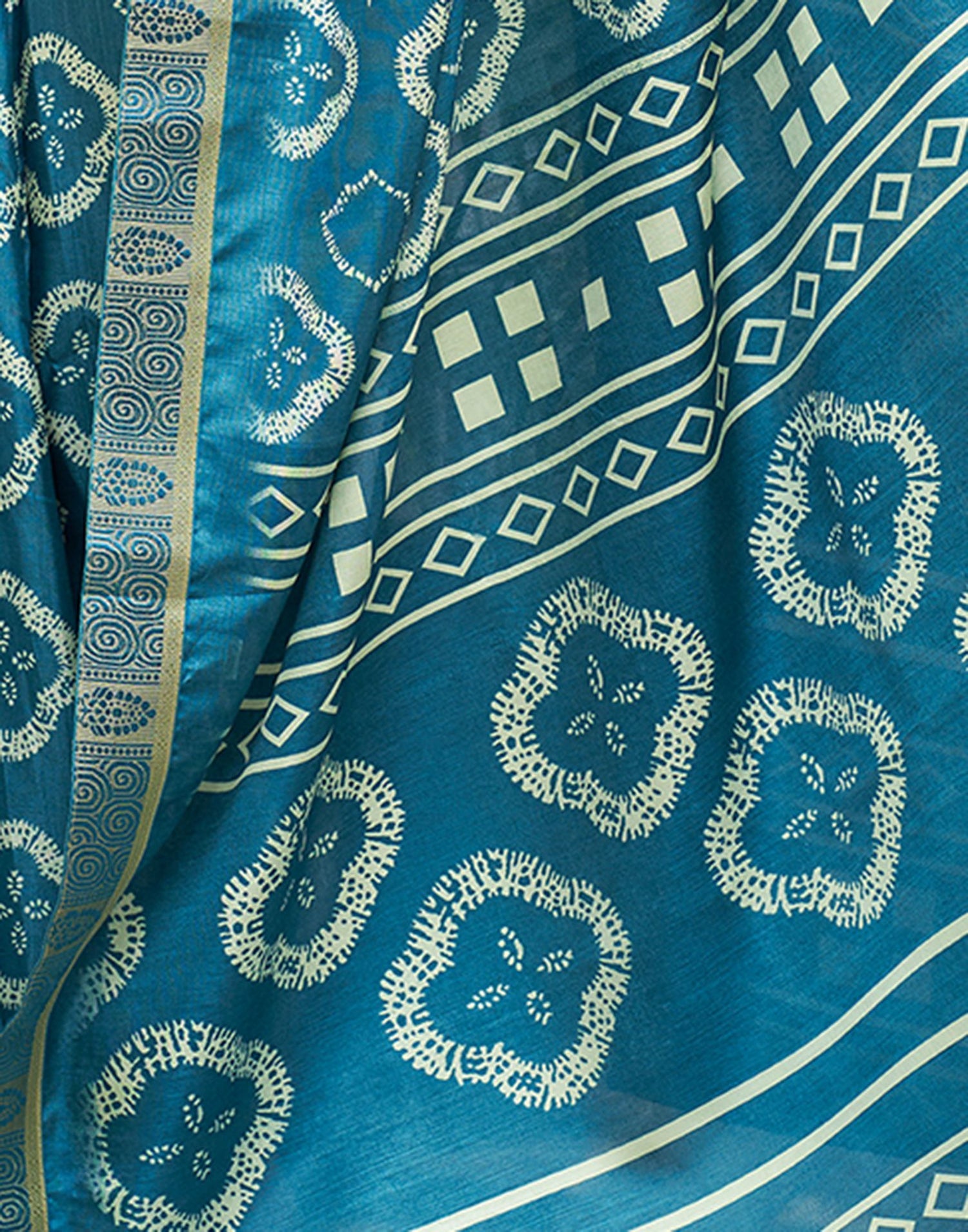 Peacock Blue Printed Silk Saree