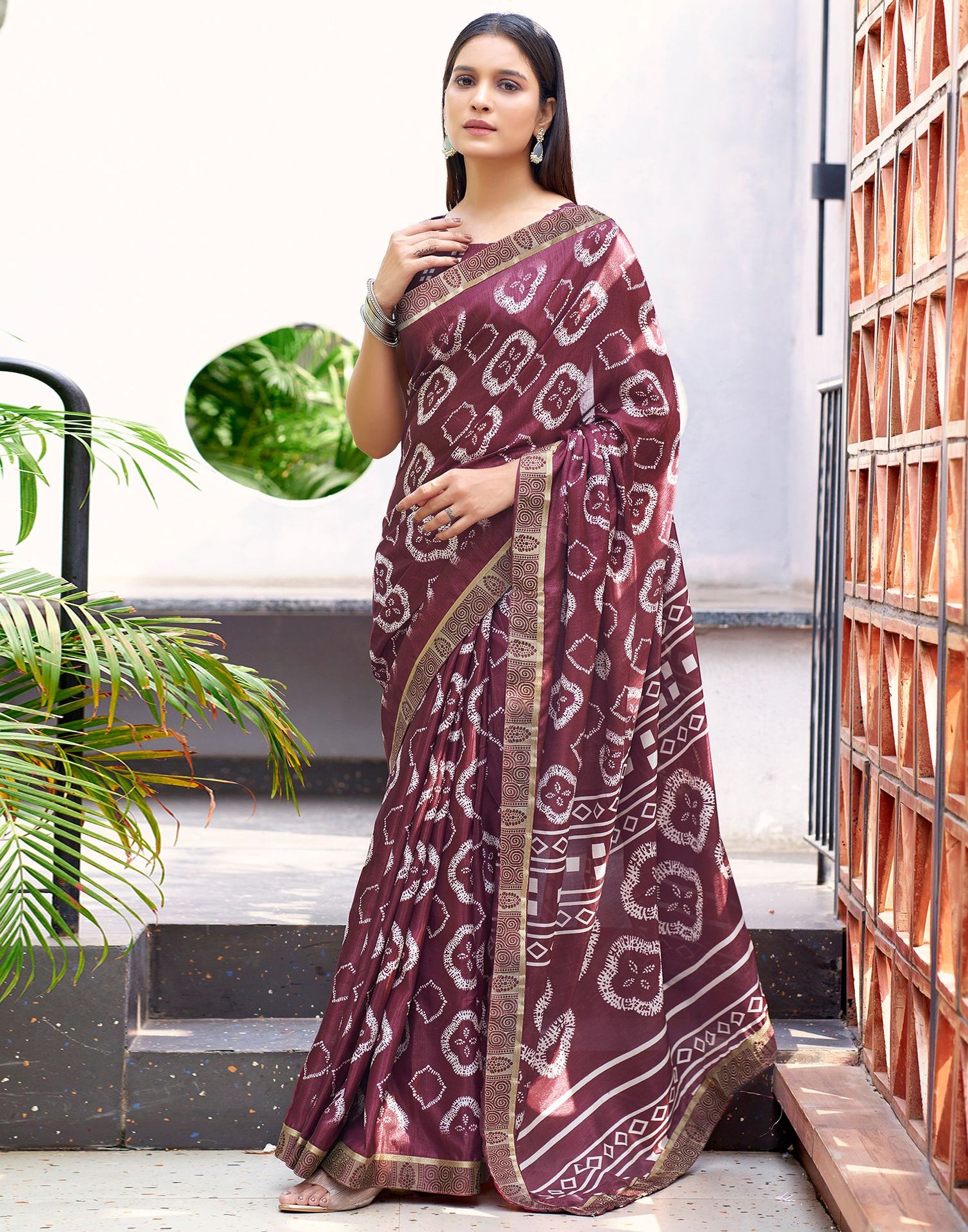 Dusty Rose Pink Printed Silk Saree