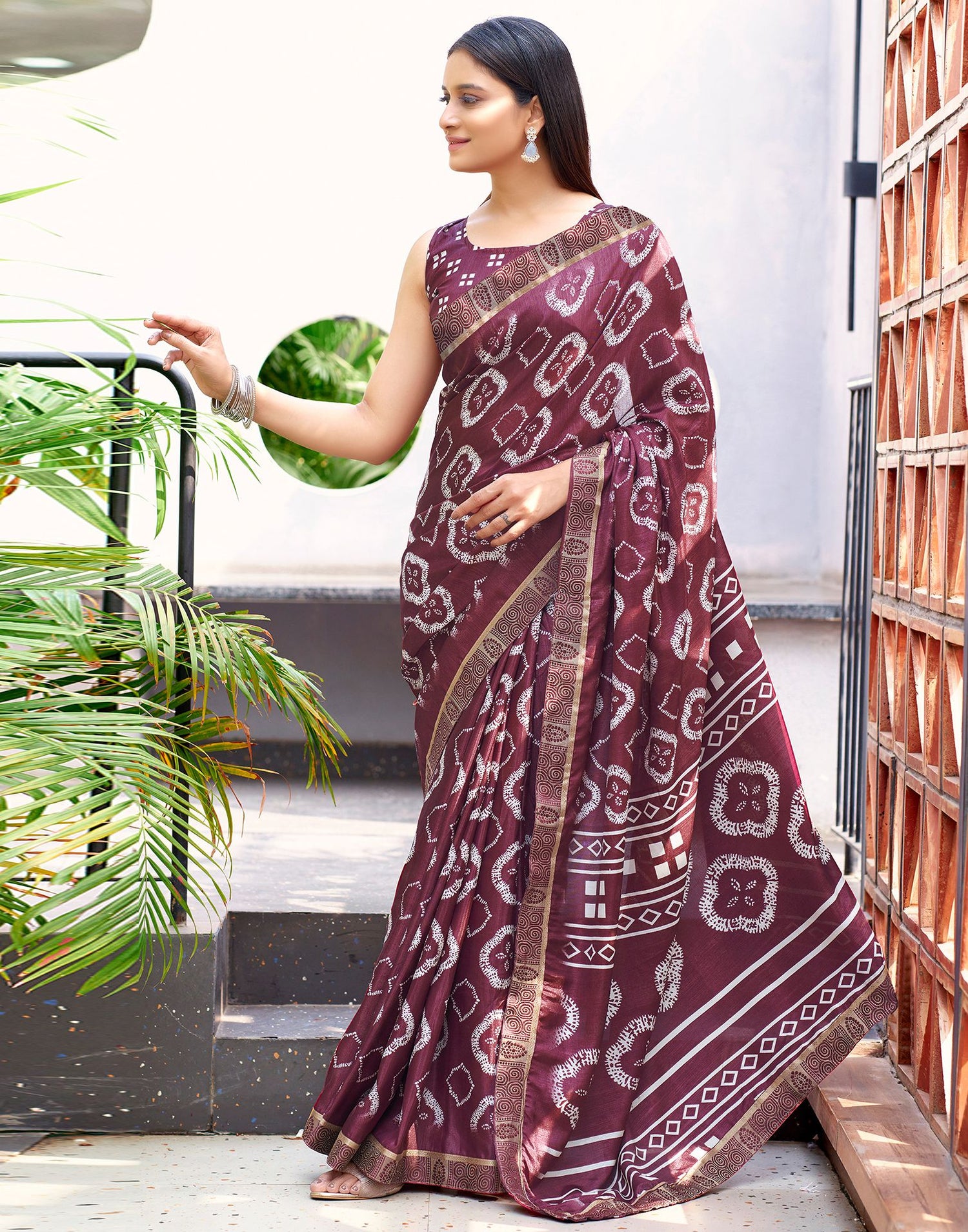 Dusty Rose Pink Printed Silk Saree