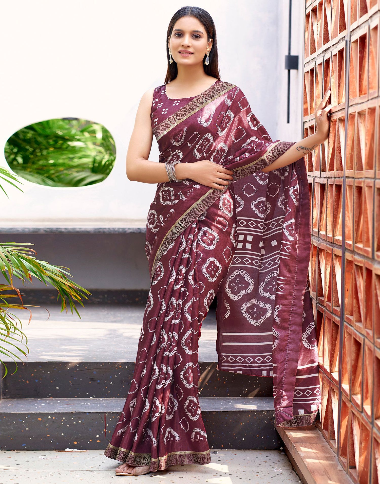 Dusty Rose Pink Printed Silk Saree