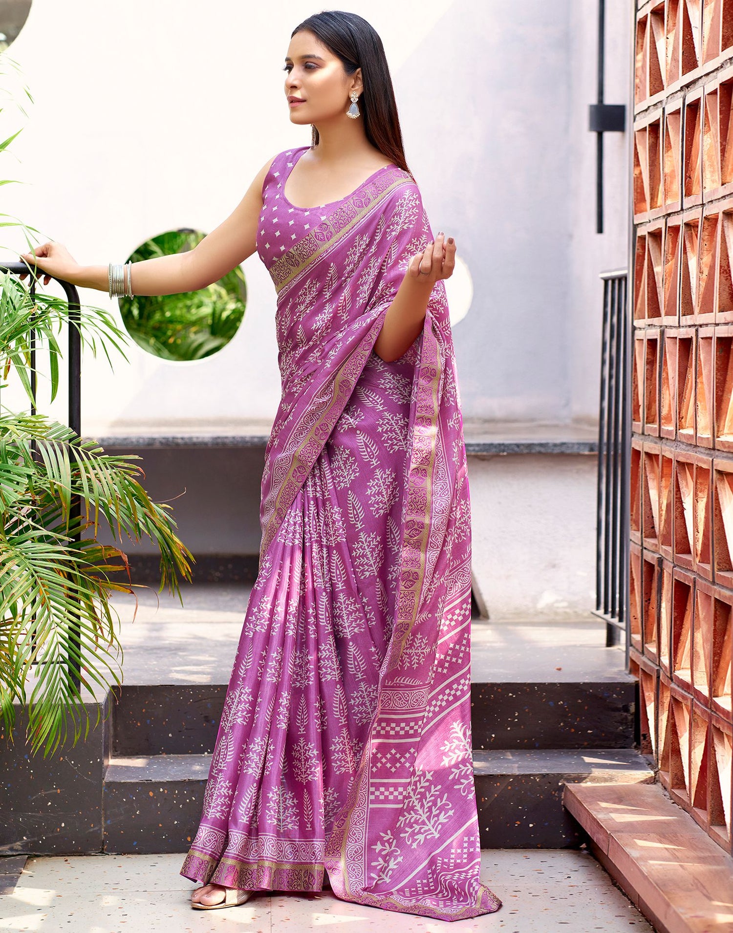 Pink Printed Silk Saree