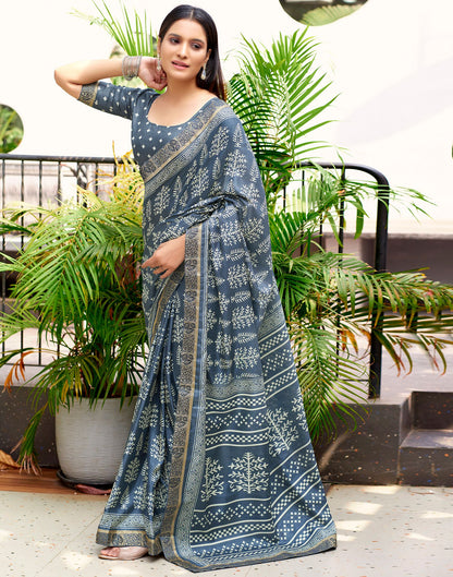 Grey Printed Silk Saree