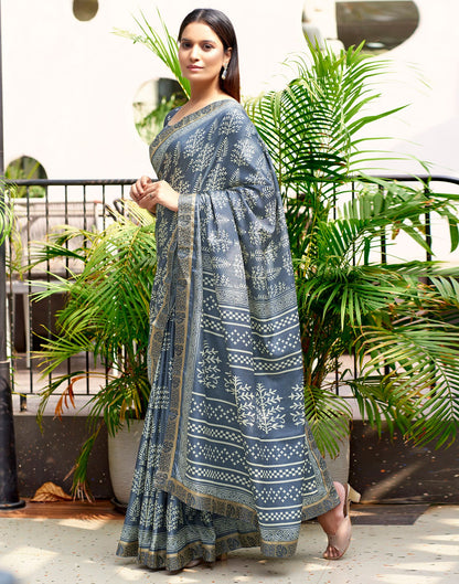 Grey Printed Silk Saree