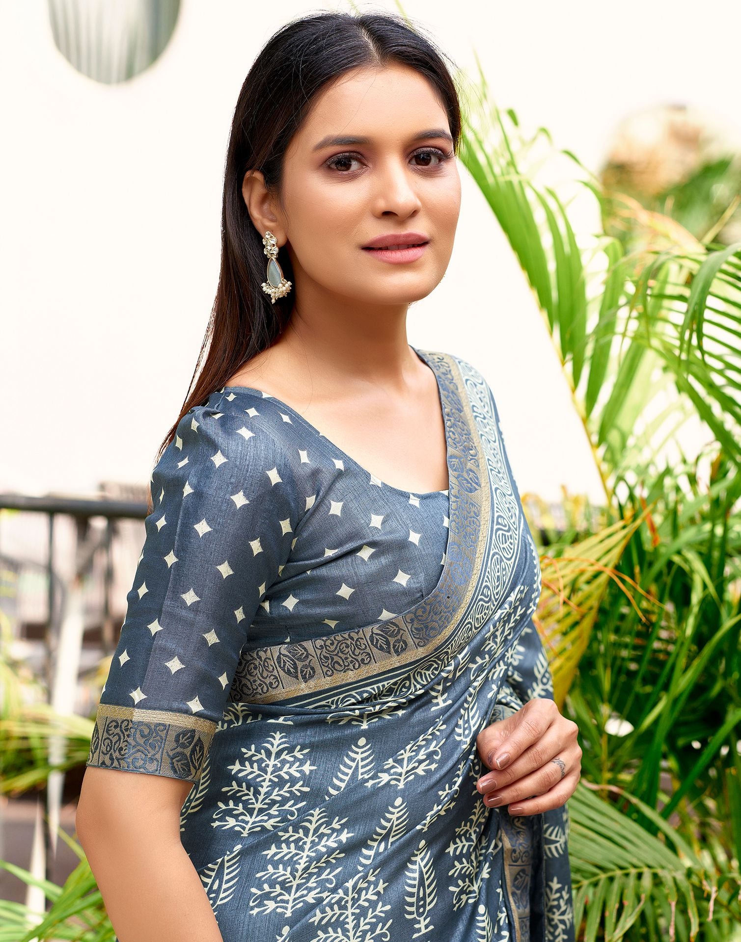 Grey Printed Silk Saree