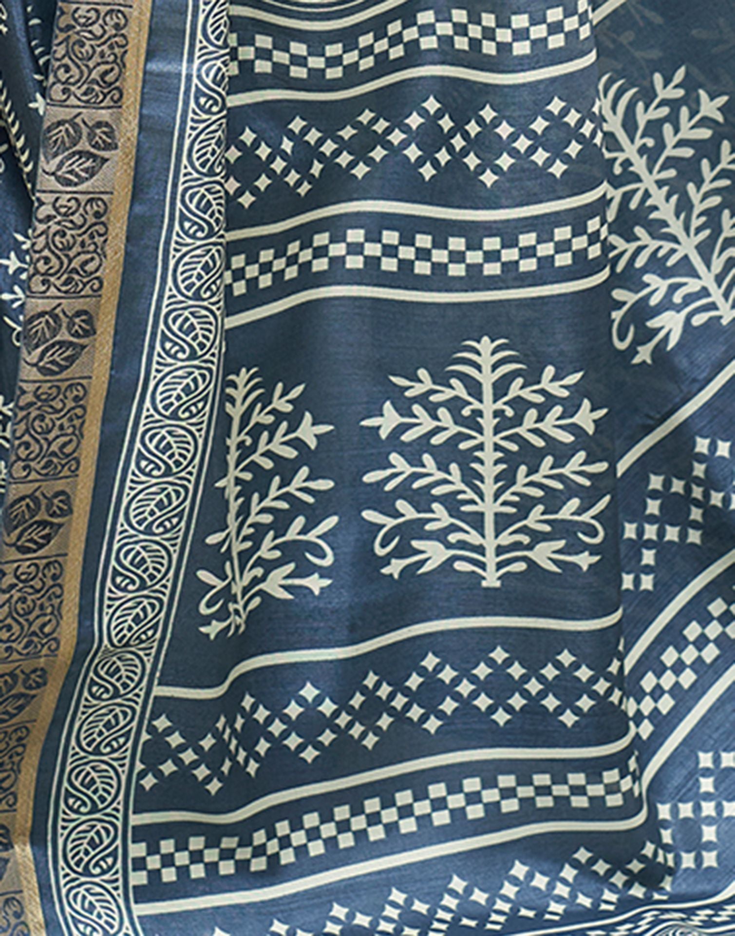 Grey Printed Silk Saree