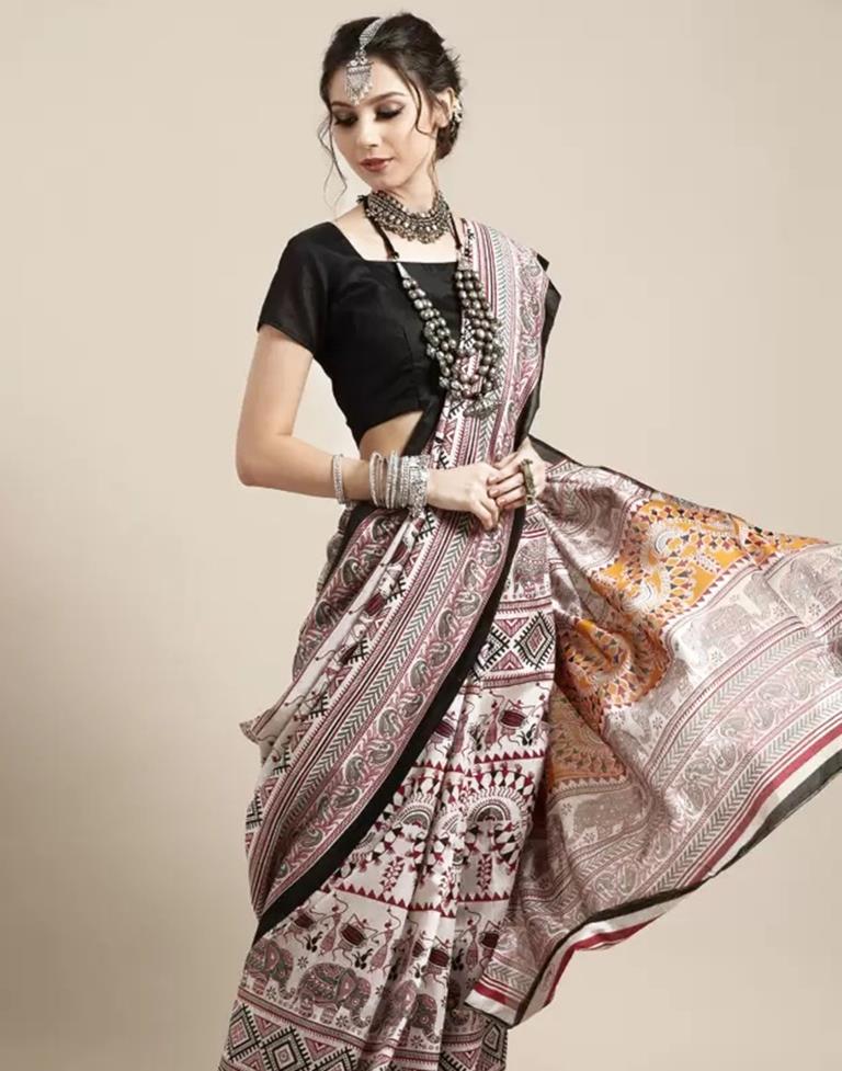 White Silk Printed Saree