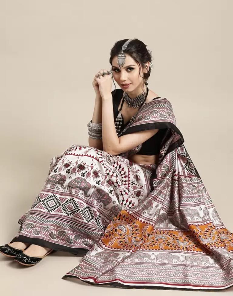 White Silk Printed Saree