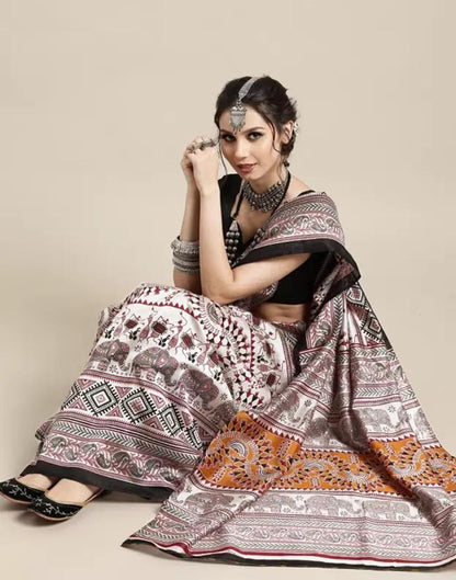 White Silk Printed Saree