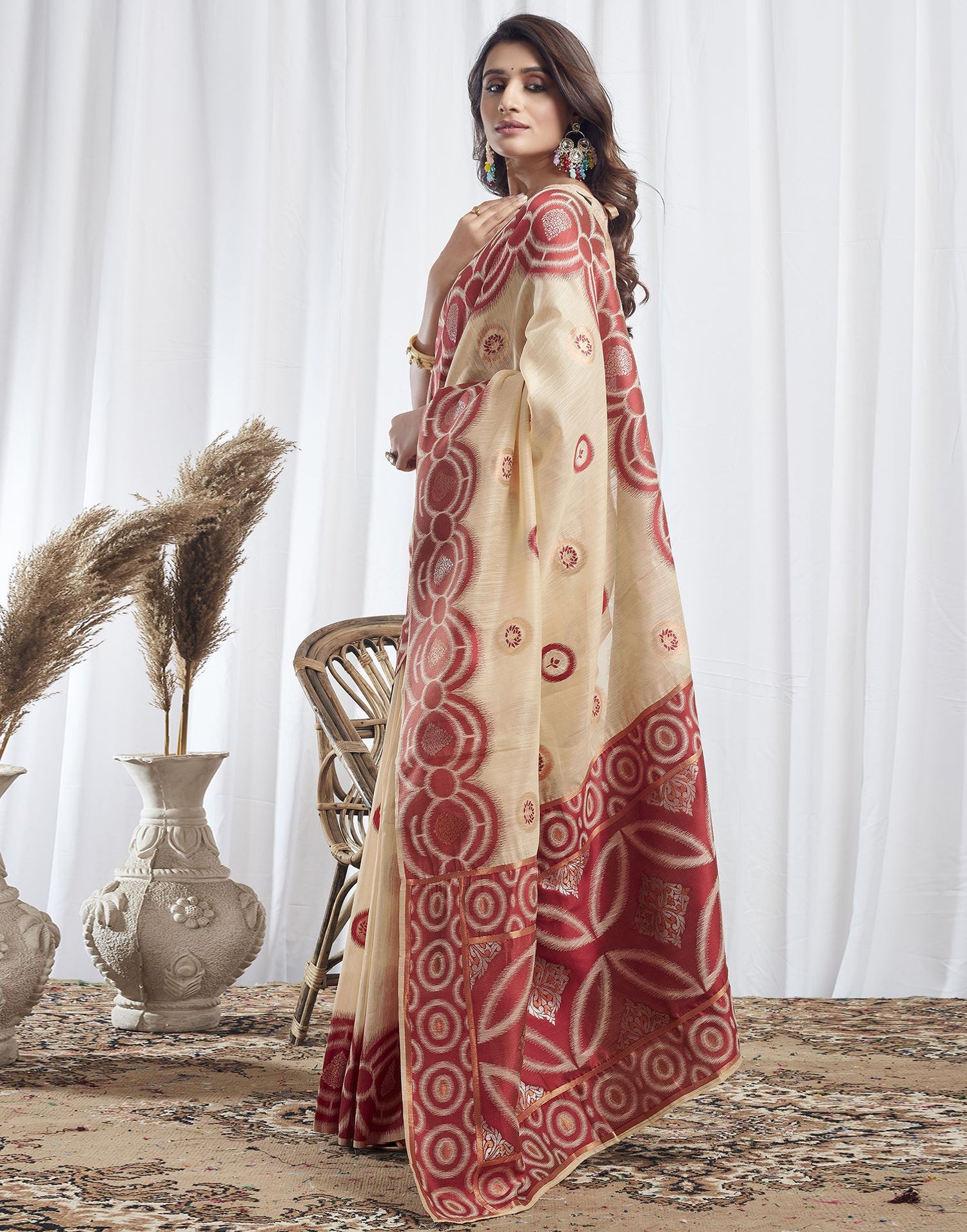 Light Beige Jacquard Linen Saree