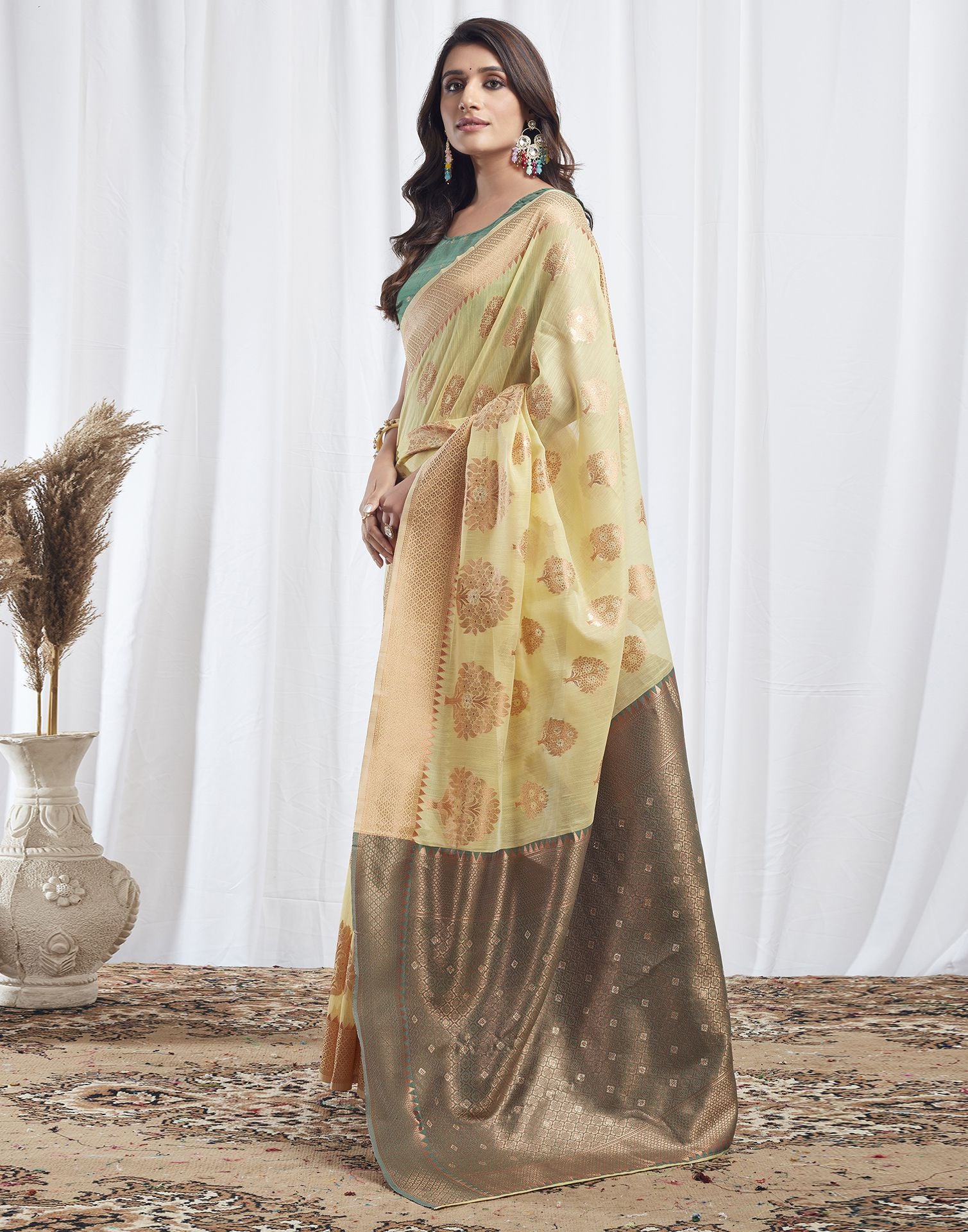 Light Yellow Jacquard Linen Saree