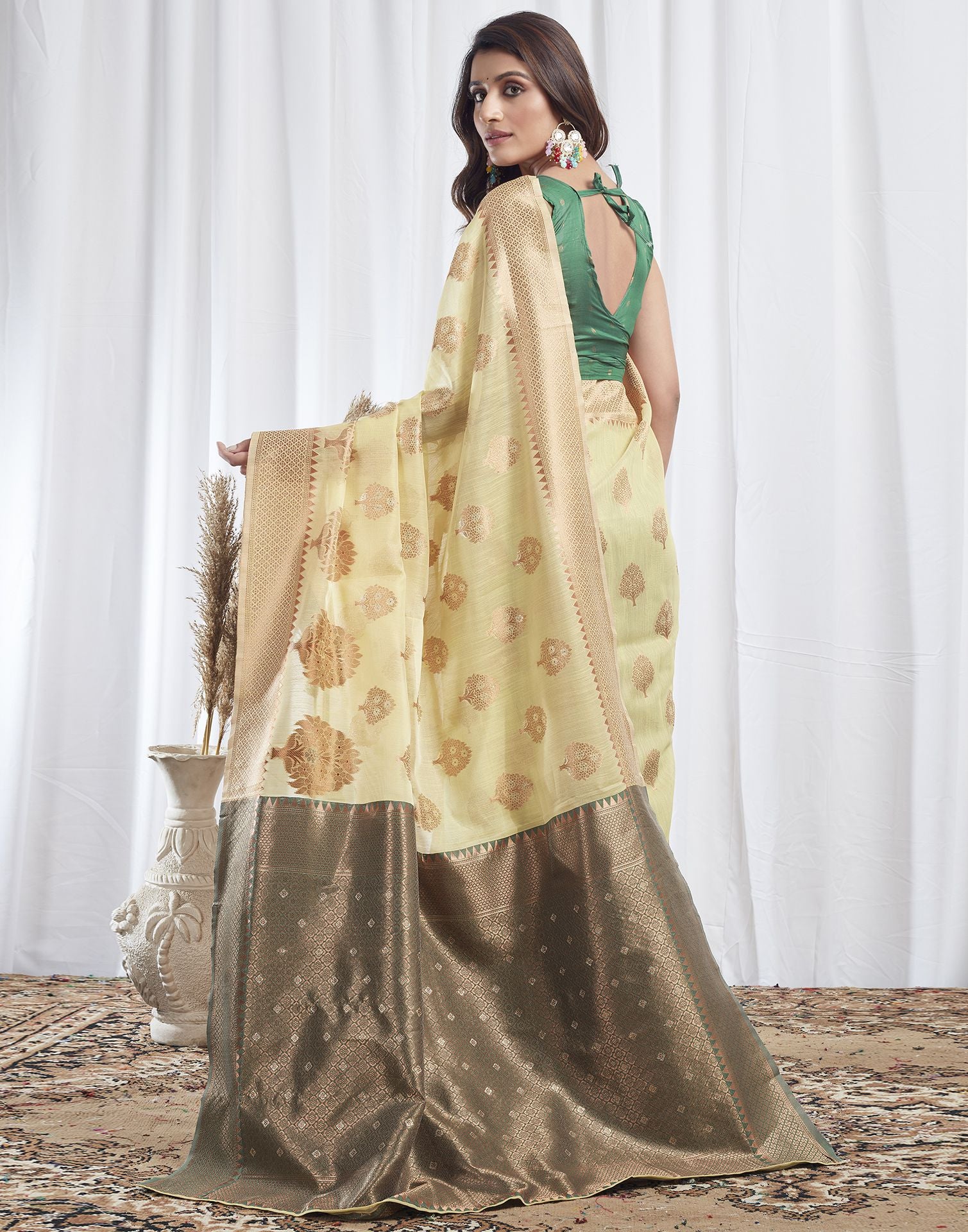 Light Yellow Jacquard Linen Saree