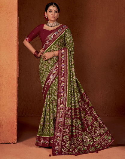 Olive Green Printed Silk Saree