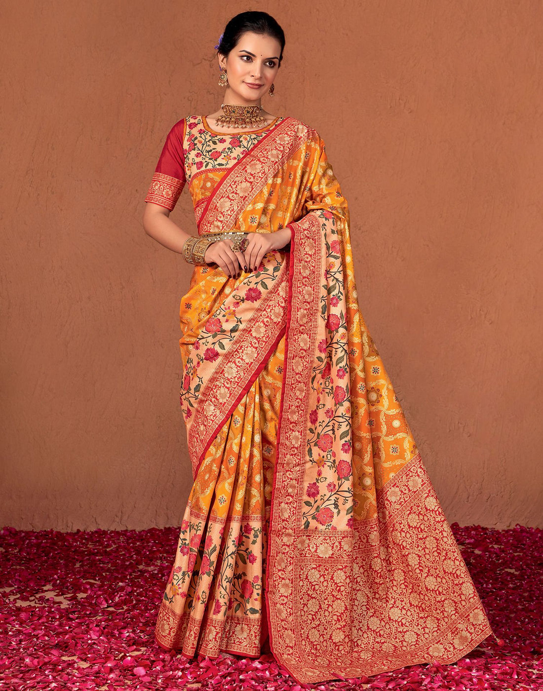 Yellow  &amp; Multicoloured Printed Silk Saree