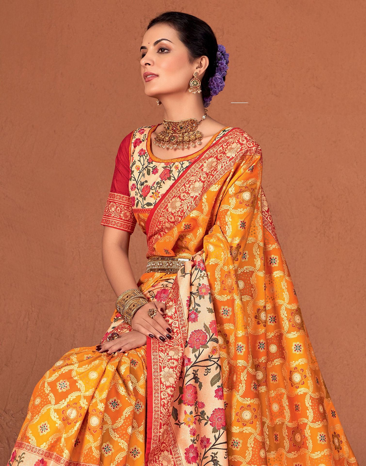 Yellow  &amp; Multicoloured Printed Silk Saree