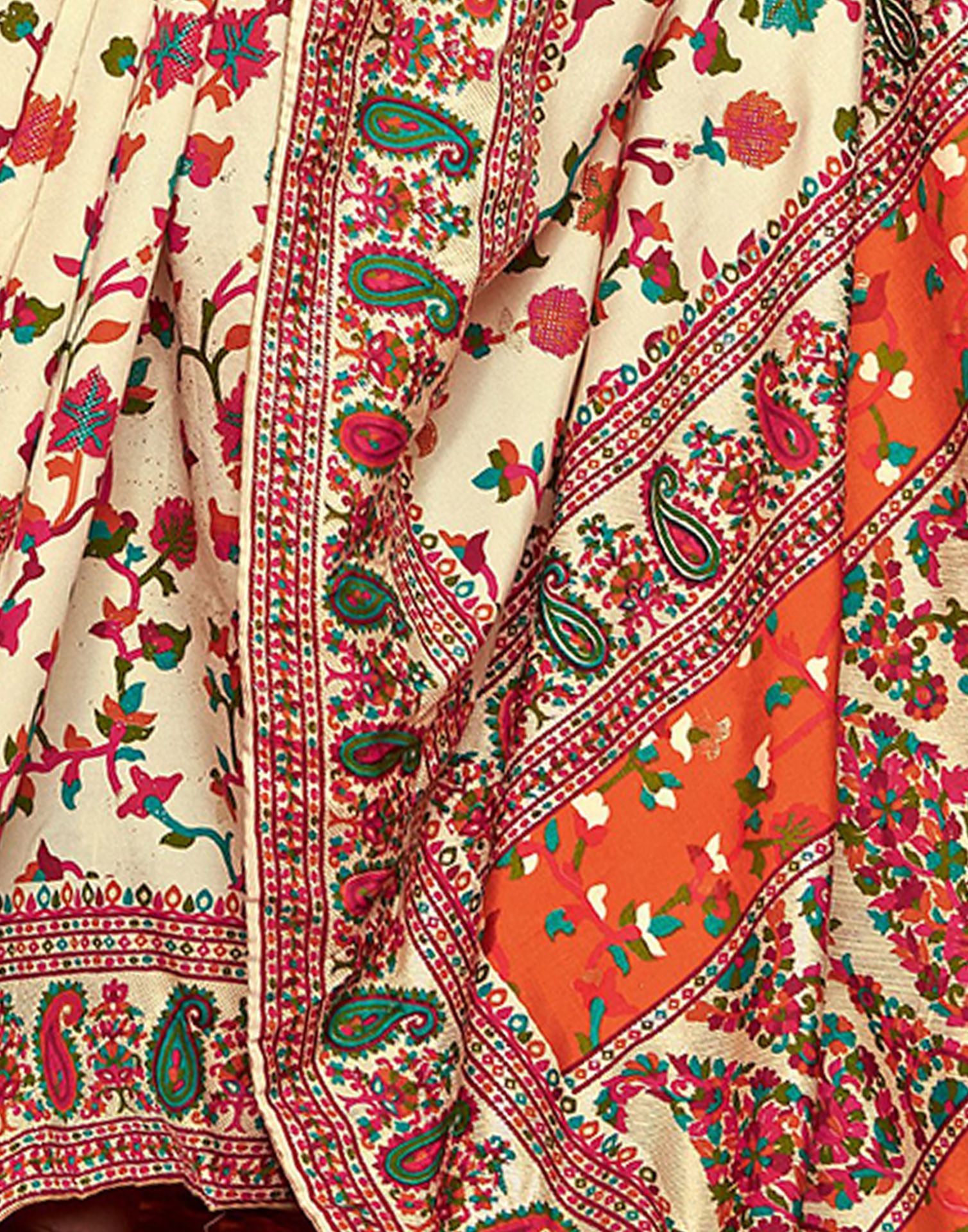 Cream &amp; Multicoloured Printed Silk Saree