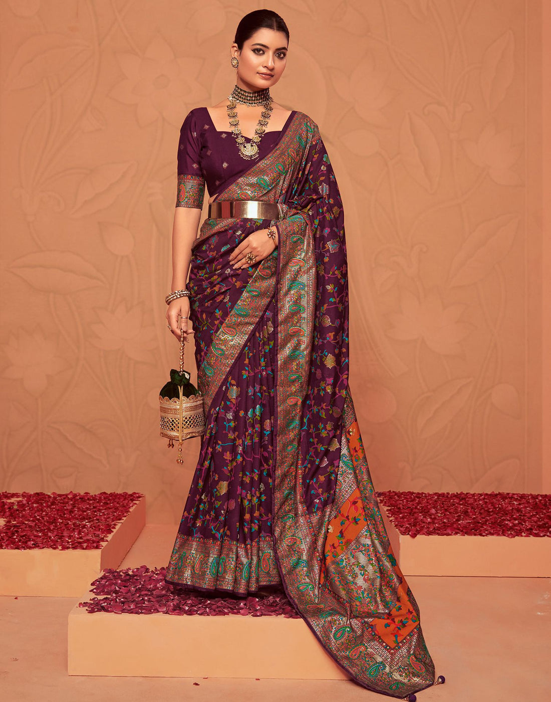 Wine Printed Silk Saree