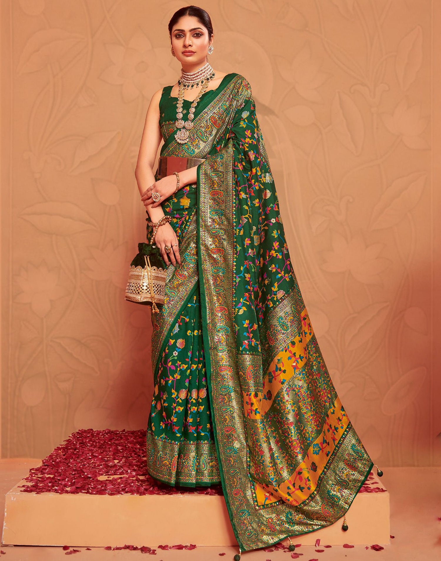 Bottle Green Printed Silk Saree