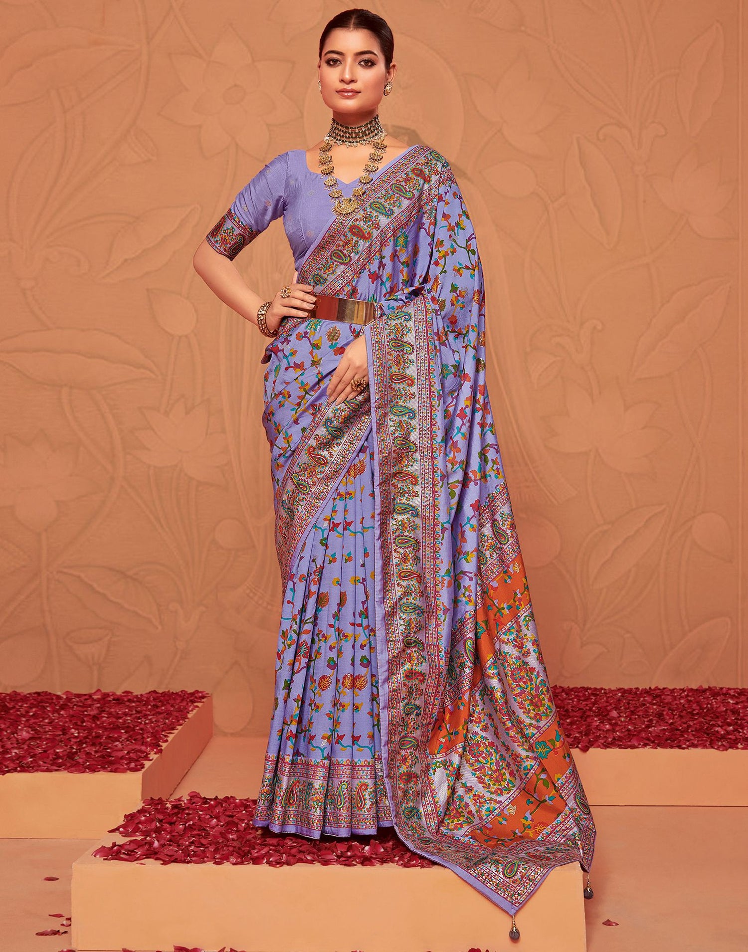 Lavender &amp; Multicoloured  Printed Silk Saree