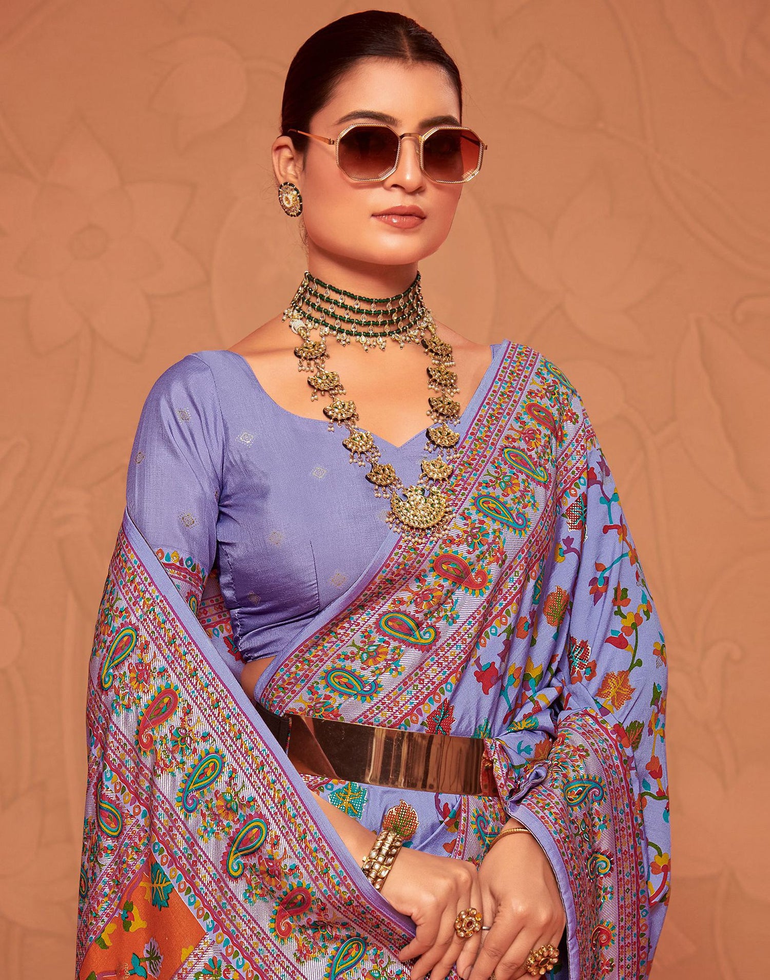 Lavender &amp; Multicoloured  Printed Silk Saree