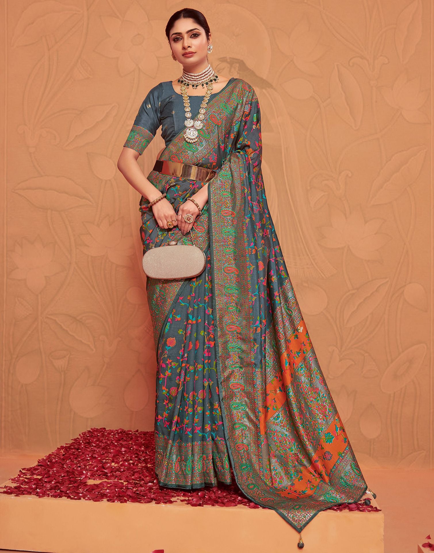 Grey Printed Silk Saree