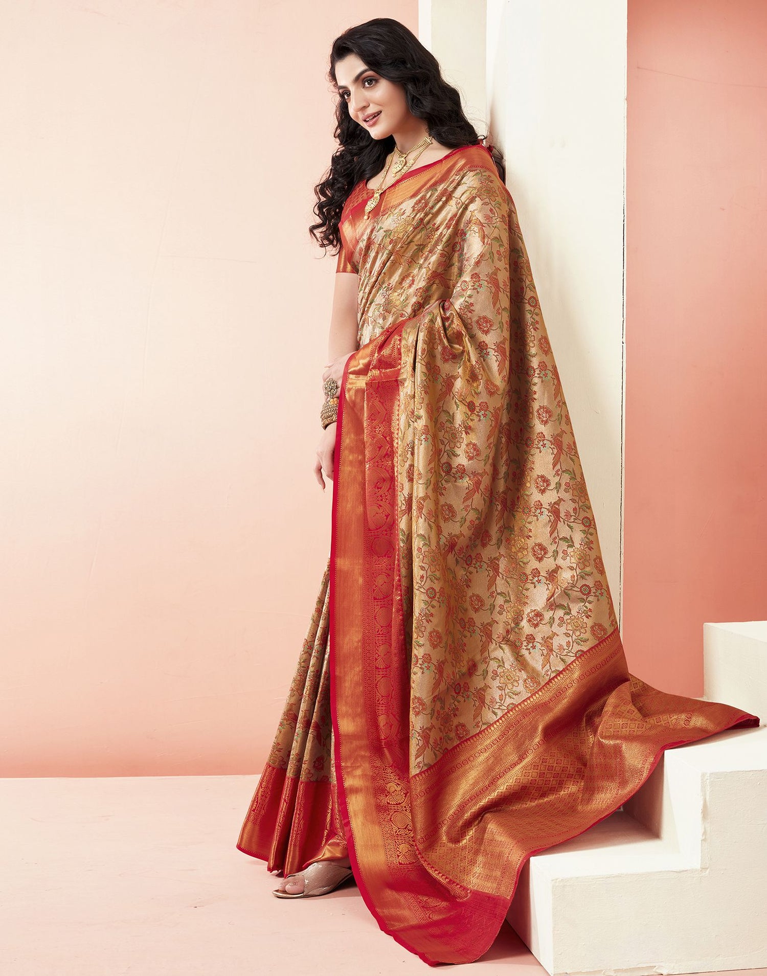 Golden Jacquard Silk Saree