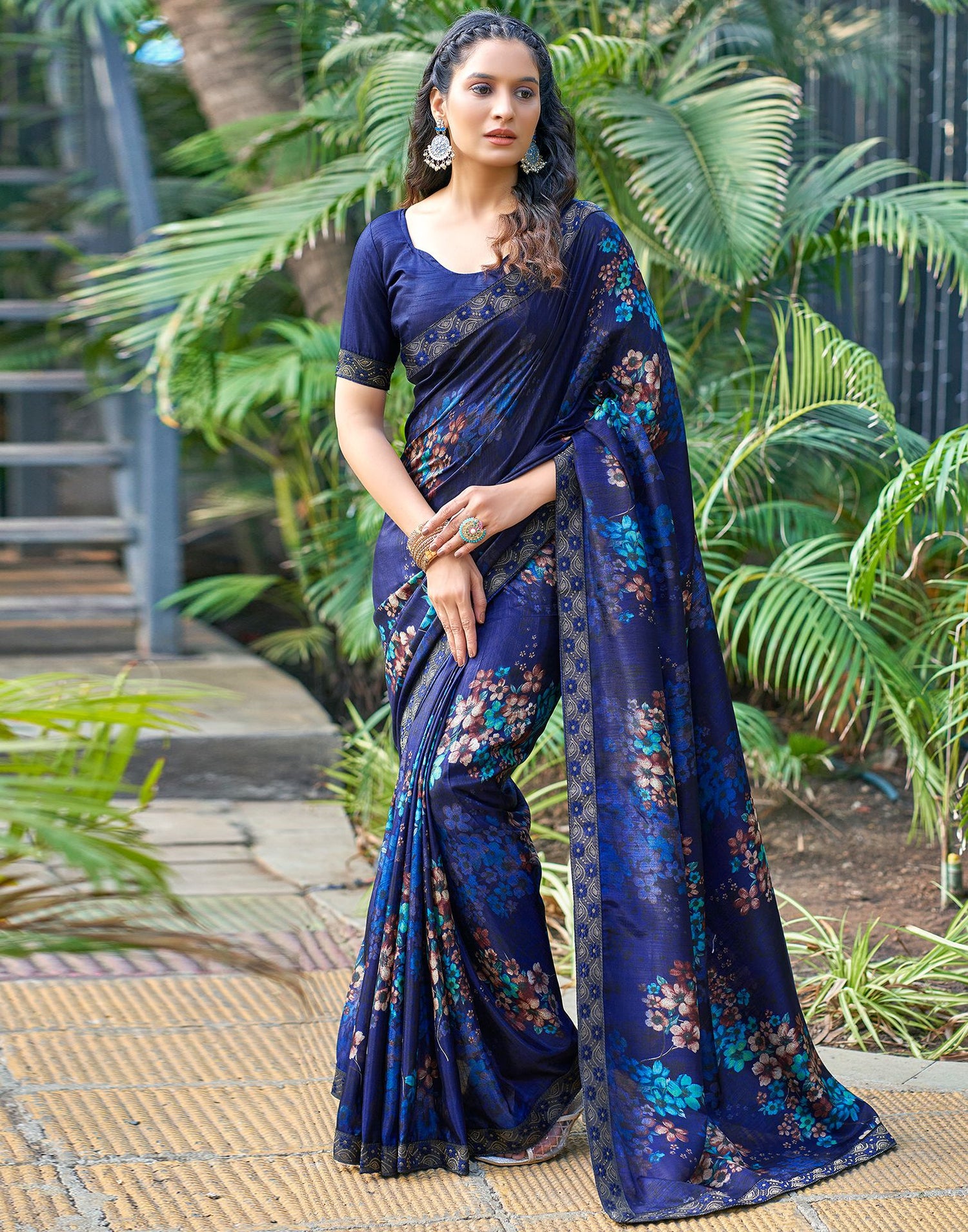 Navy Blue Printed Silk Saree