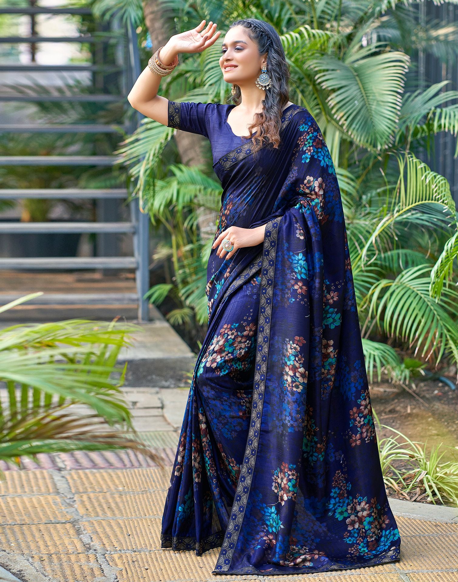 Navy Blue Printed Silk Saree