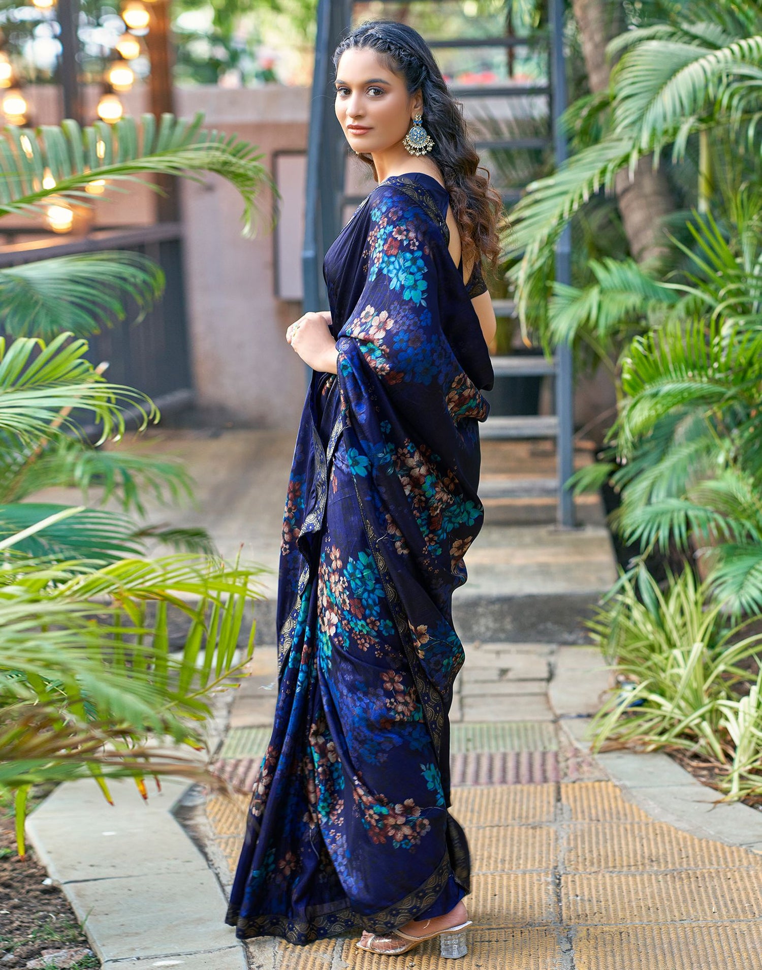 Navy Blue Printed Silk Saree