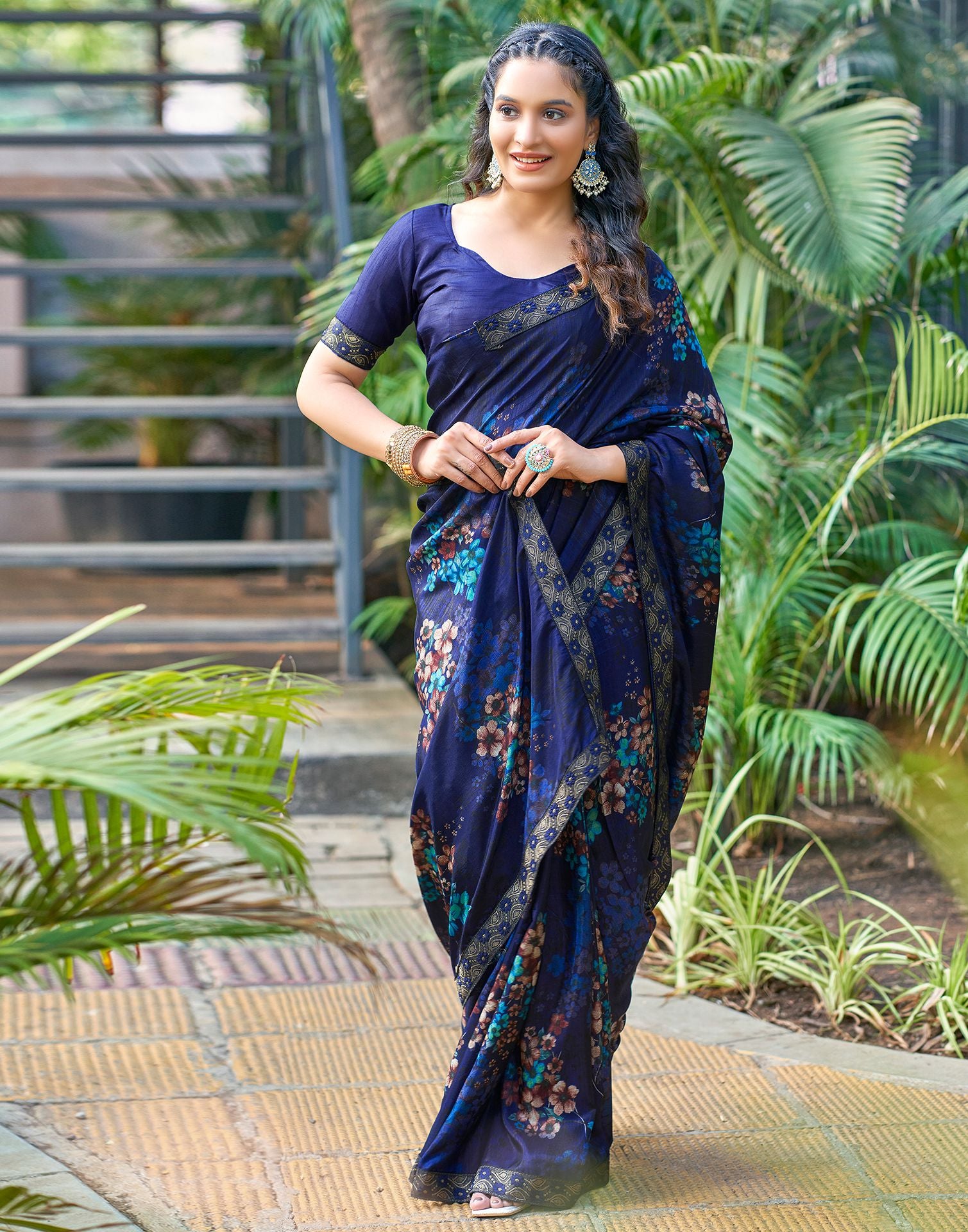 Navy Blue Printed Silk Saree