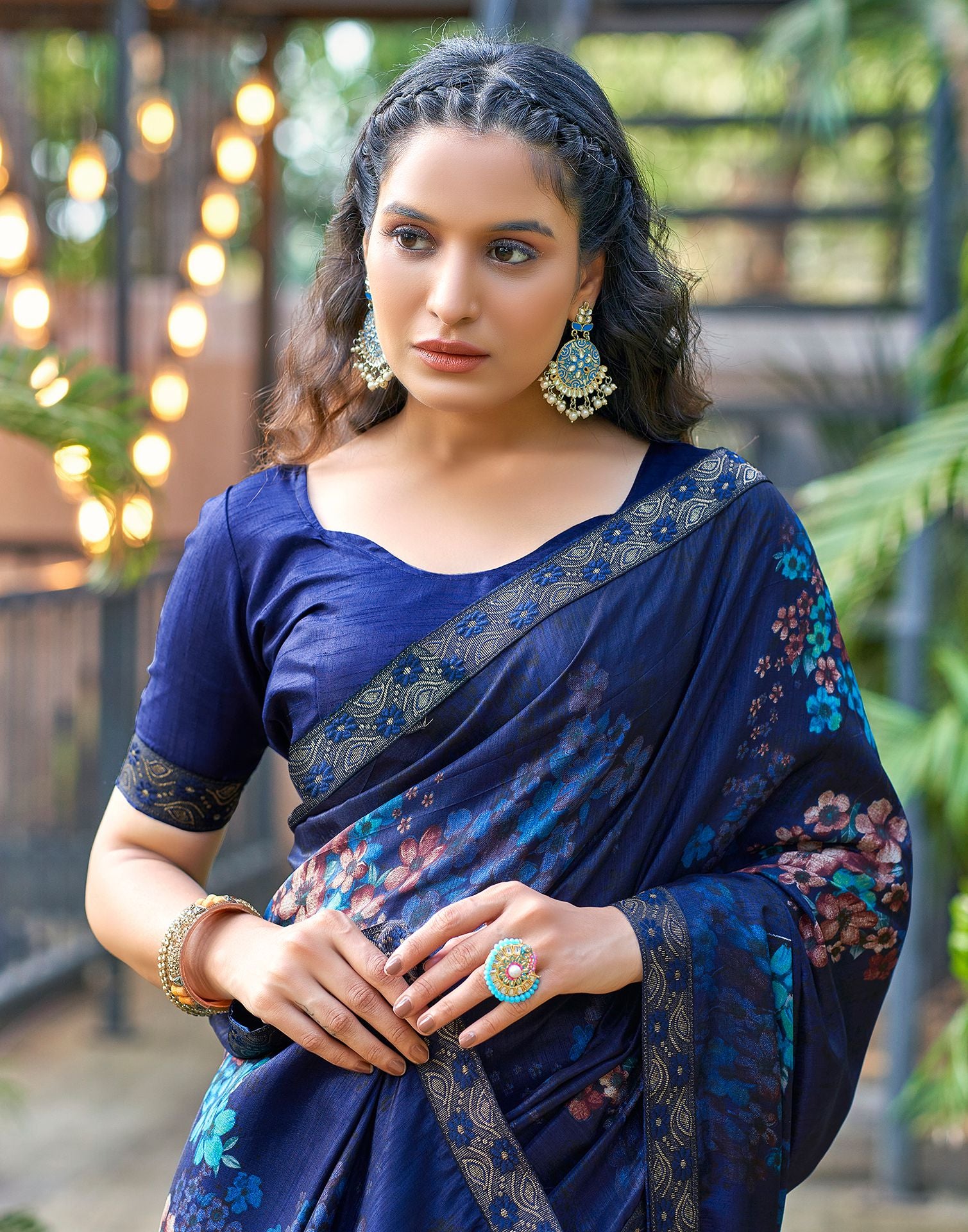 Navy Blue Printed Silk Saree